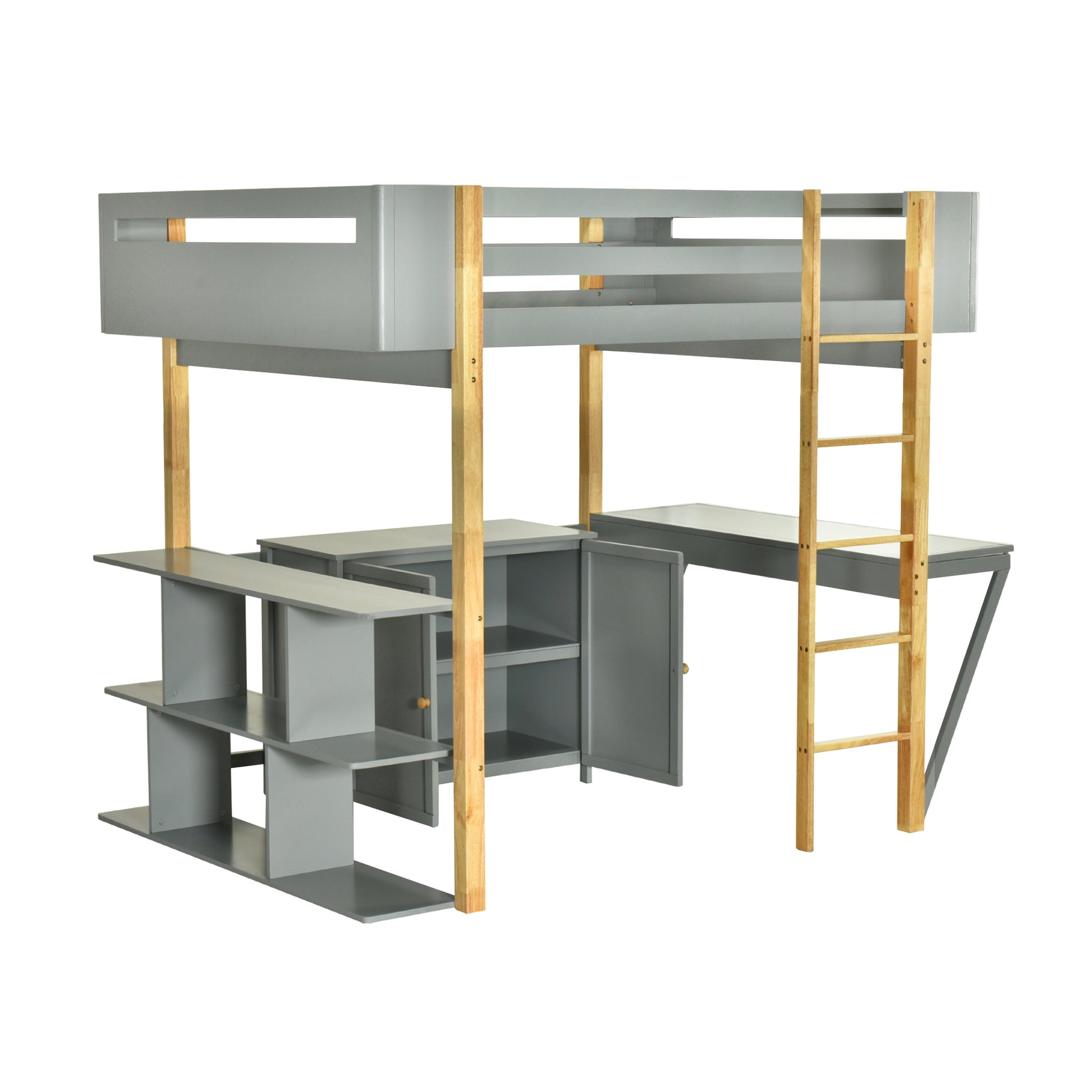 Full Size Wood Loft Bed With Built In Storage Cabinet And Cubes, Foldable Desk, Gray Gray Solid Wood Mdf