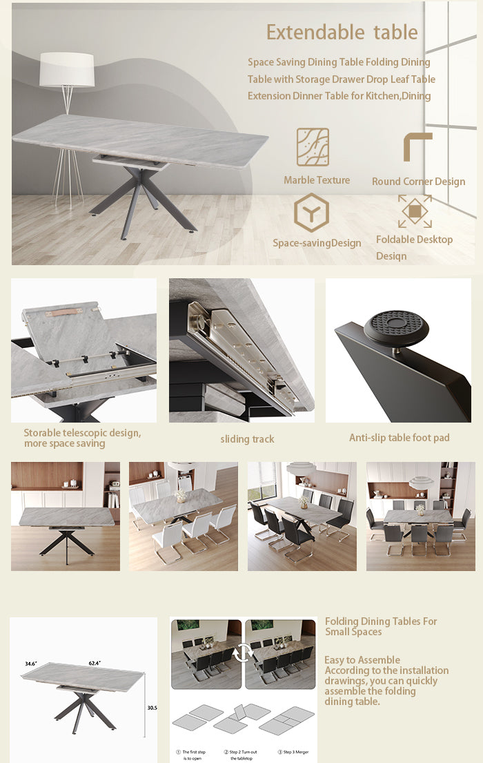 62.4" Extendable 78.15"Very Large Grey Dining Table Modern Mid Century Kitchen Table Set For Dining Room, Party Table,Conference Table,Black Metal X Shape Legs. Grey Black Mdf