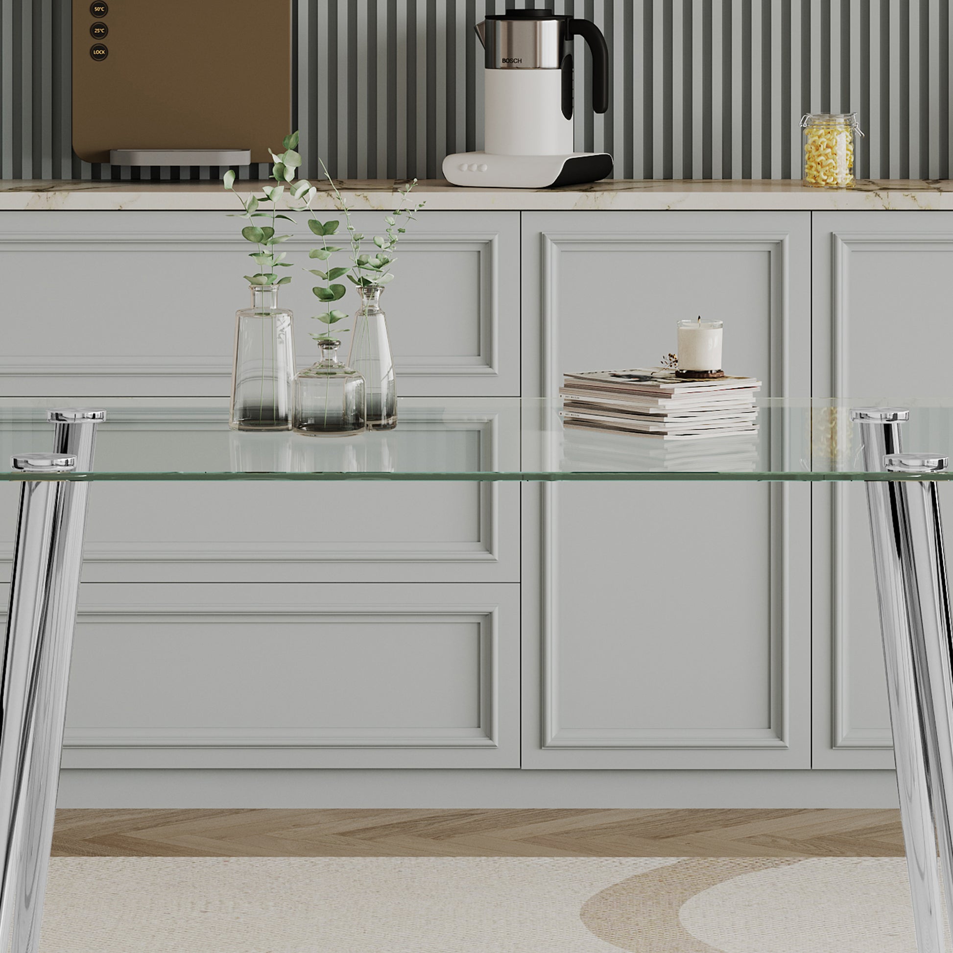 0.32" Thick Tempered Glass Top Dining Table With Silver Stainless Steel Legs Silver Tempered Glass