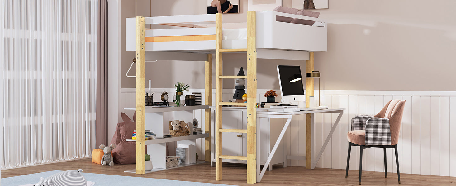 Full Size Wood Loft Bed With Built In Storage Cabinet And Cubes, Foldable Desk, White White Solid Wood Mdf