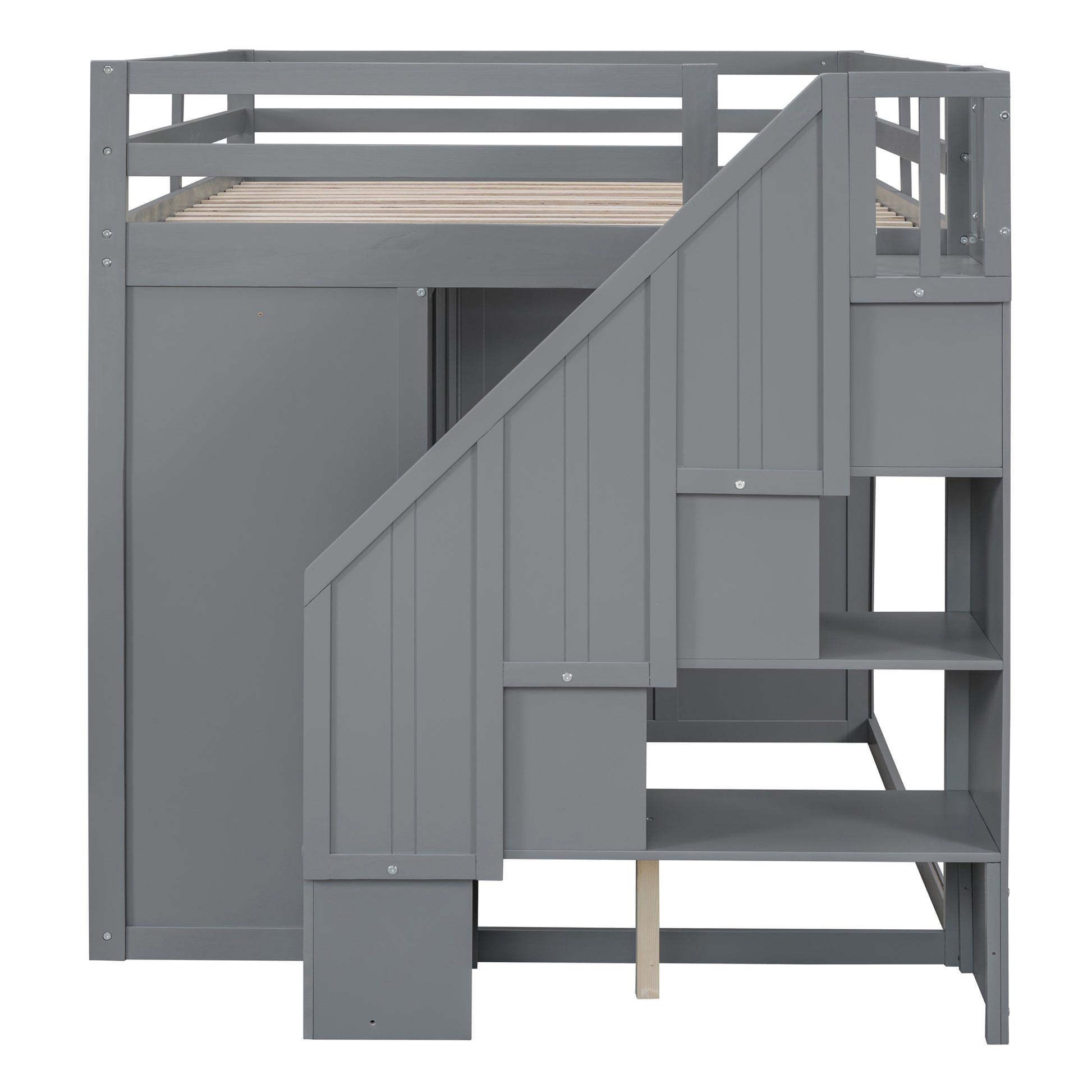 Full Size Wood Loft Bed With Built In Wardrobes, Cabinets And Drawers, Gray Gray Solid Wood Mdf