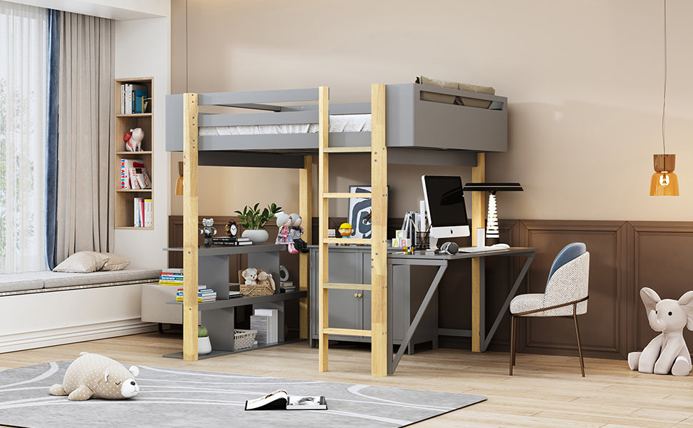 Full Size Wood Loft Bed With Built In Storage Cabinet And Cubes, Foldable Desk, Gray Gray Solid Wood Mdf