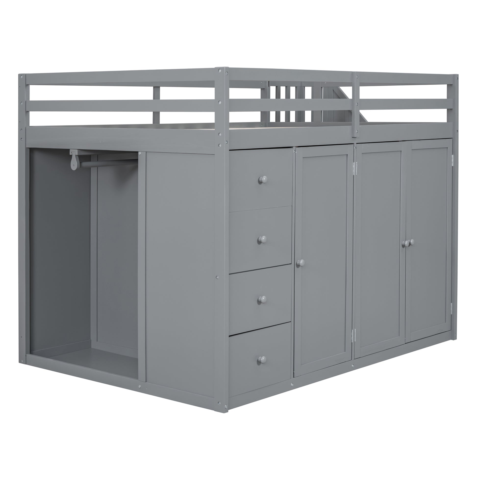 Full Size Wood Loft Bed With Built In Wardrobes, Cabinets And Drawers, Gray Gray Solid Wood Mdf