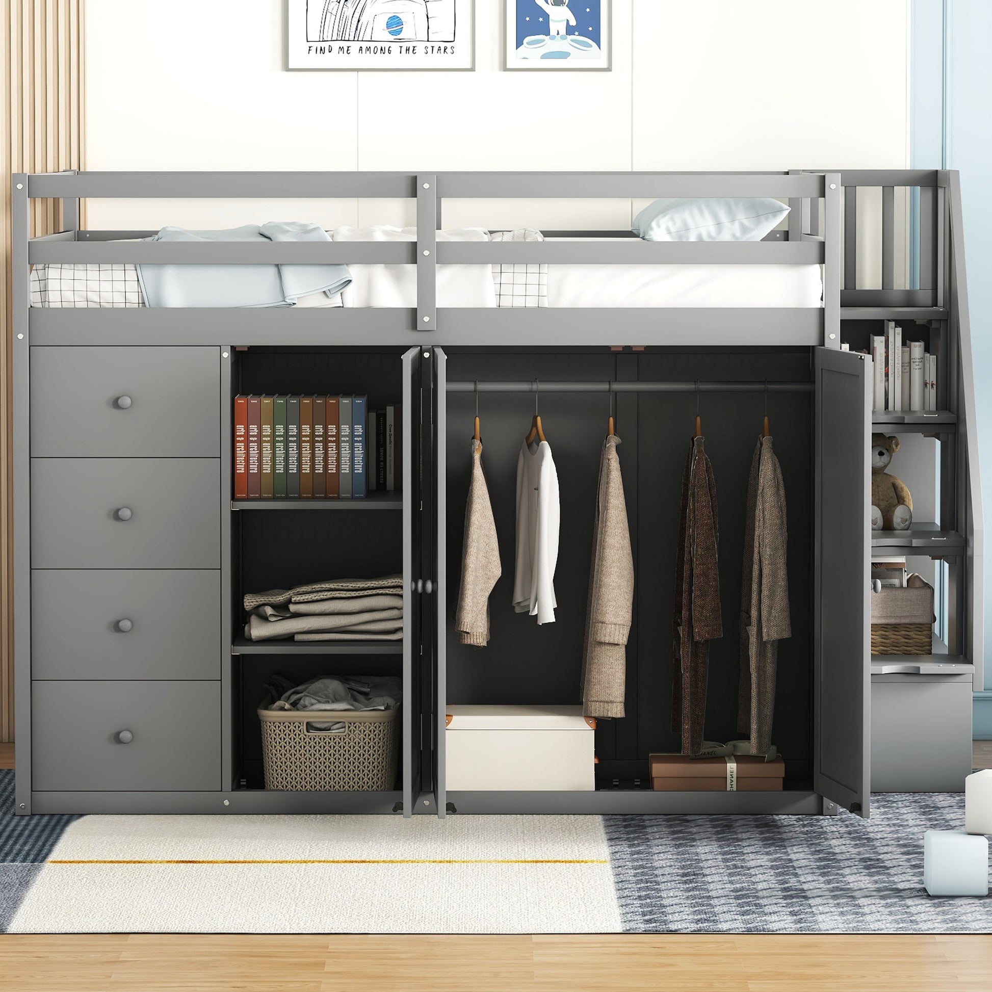 Full Size Wood Loft Bed With Built In Wardrobes, Cabinets And Drawers, Gray Gray Solid Wood Mdf