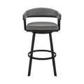Swivel Barstool With Open Metal Frame And Slatted Arms, Gray And Black Black Gray Fabric Metal