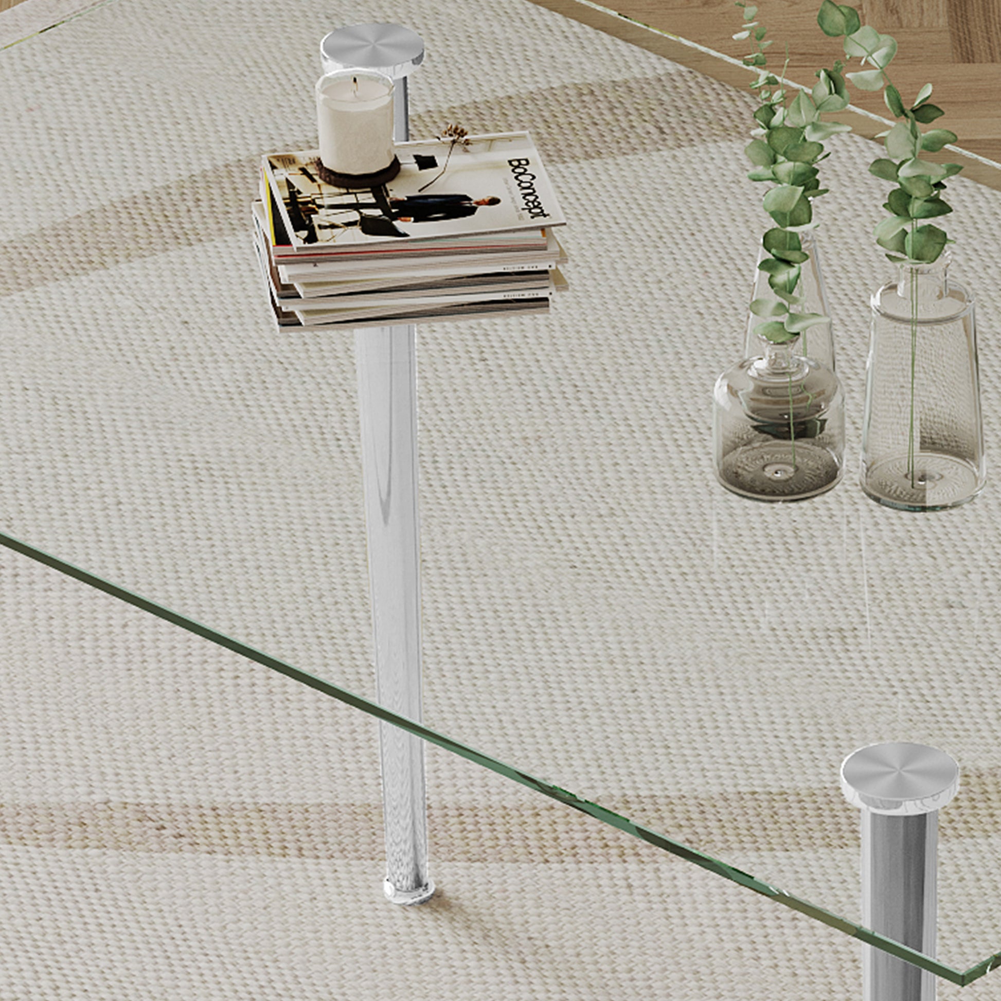 0.32" Thick Tempered Glass Top Dining Table With Silver Stainless Steel Legs Silver Tempered Glass