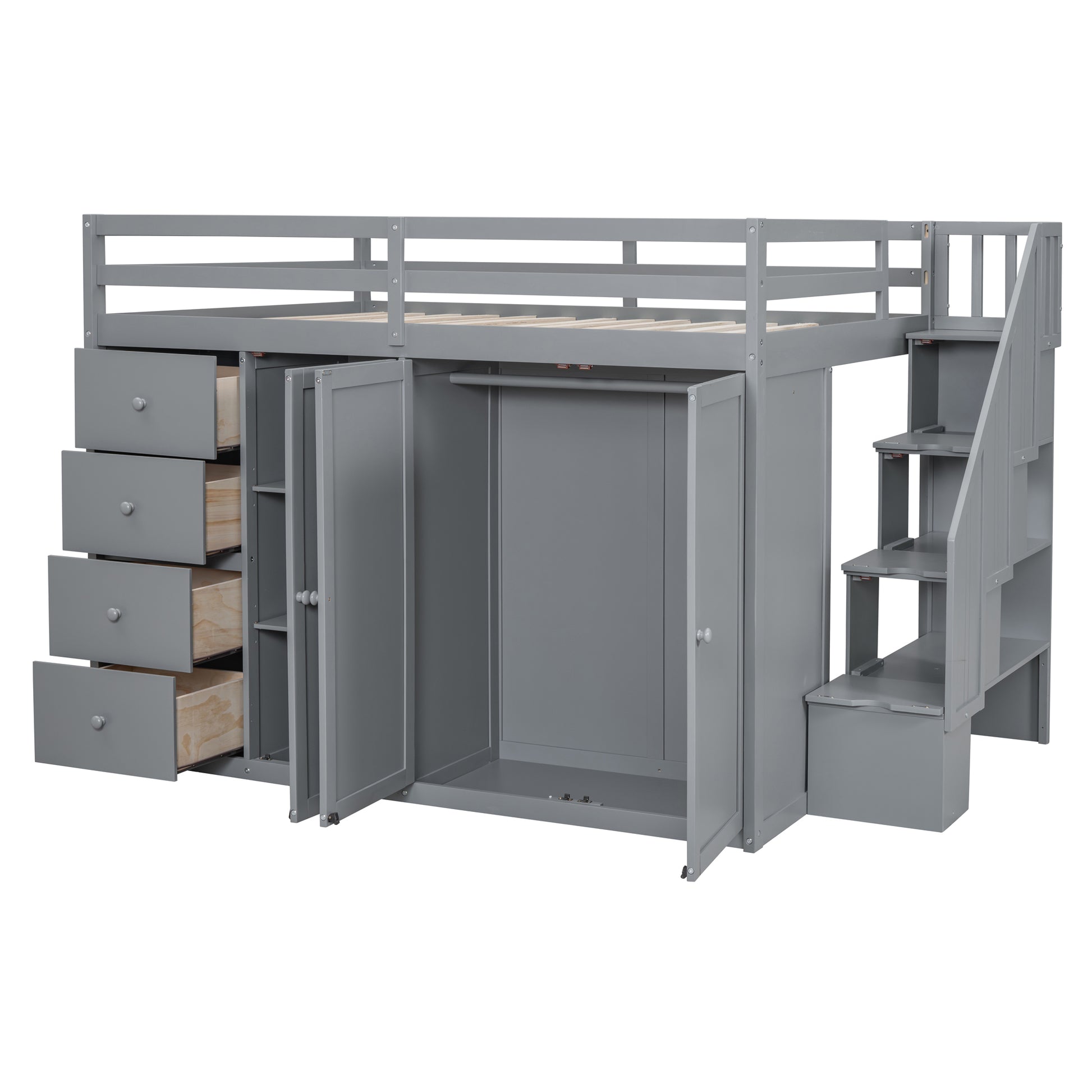 Full Size Wood Loft Bed With Built In Wardrobes, Cabinets And Drawers, Gray Gray Solid Wood Mdf