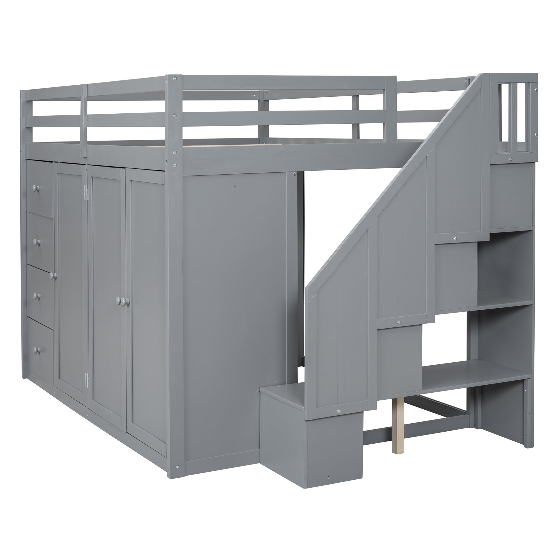Full Size Wood Loft Bed With Built In Wardrobes, Cabinets And Drawers, Gray Gray Solid Wood Mdf