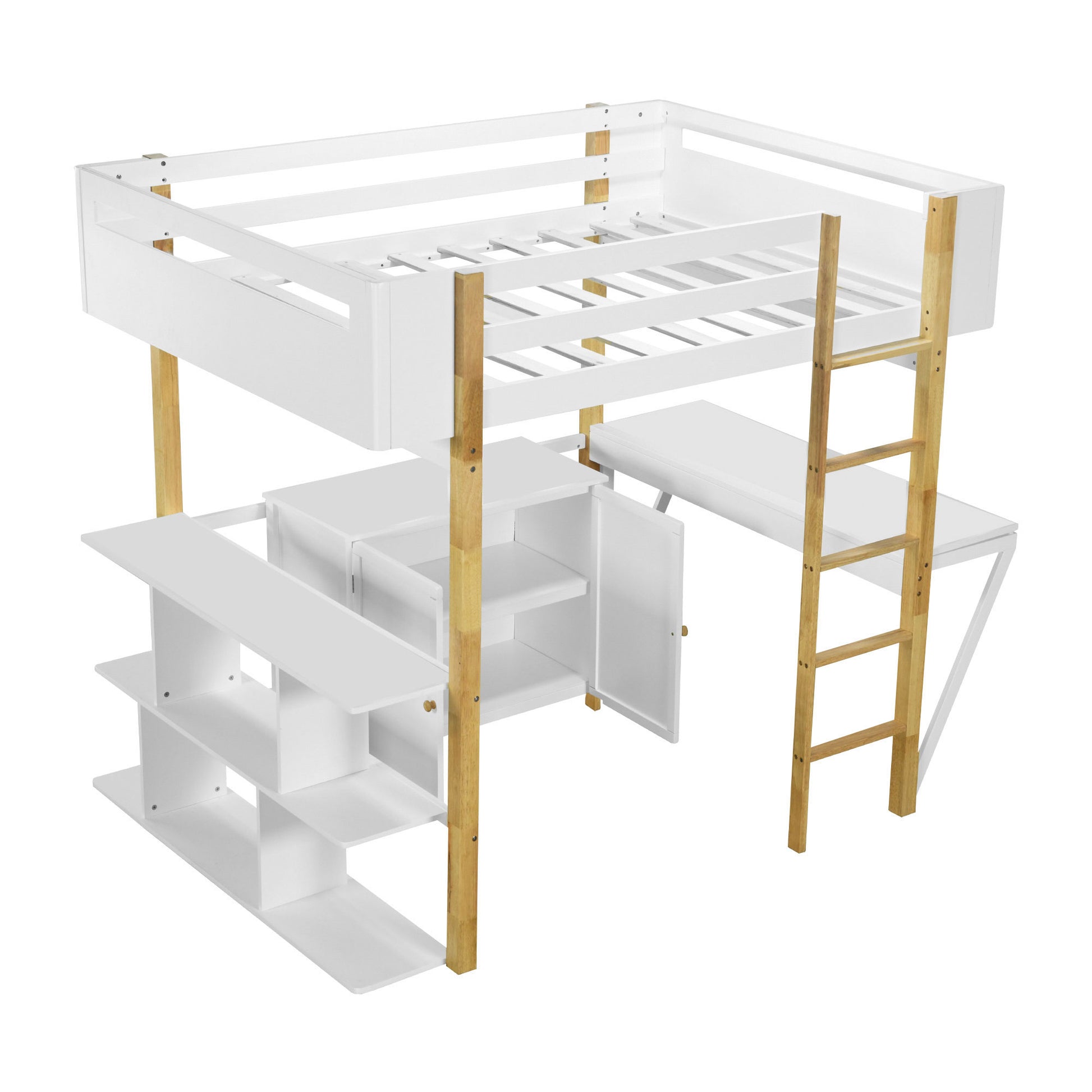Full Size Wood Loft Bed With Built In Storage Cabinet And Cubes, Foldable Desk, White White Solid Wood Mdf
