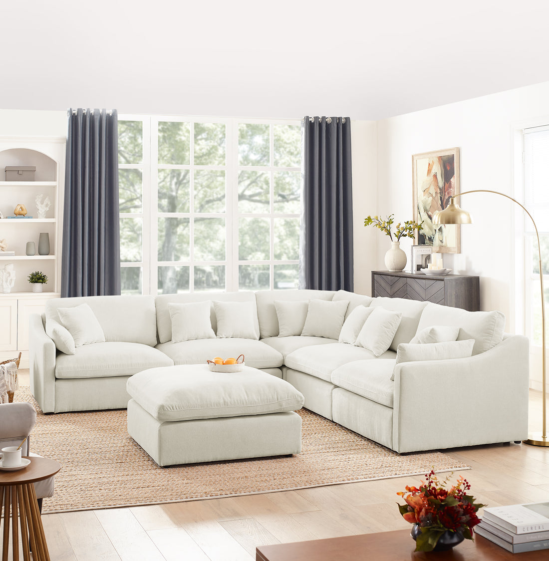 6 Seats Modular L Shaped Sectional Sofa With Ottoman,10 Pillows, Oversized Upholstered Couch W Removabled Down Filled Seat Cushion For Living Room, Chenille Beige Beige Chenille Wood Primary Living Space Soft Pillow Back Eucalyptus Square Arms Foam