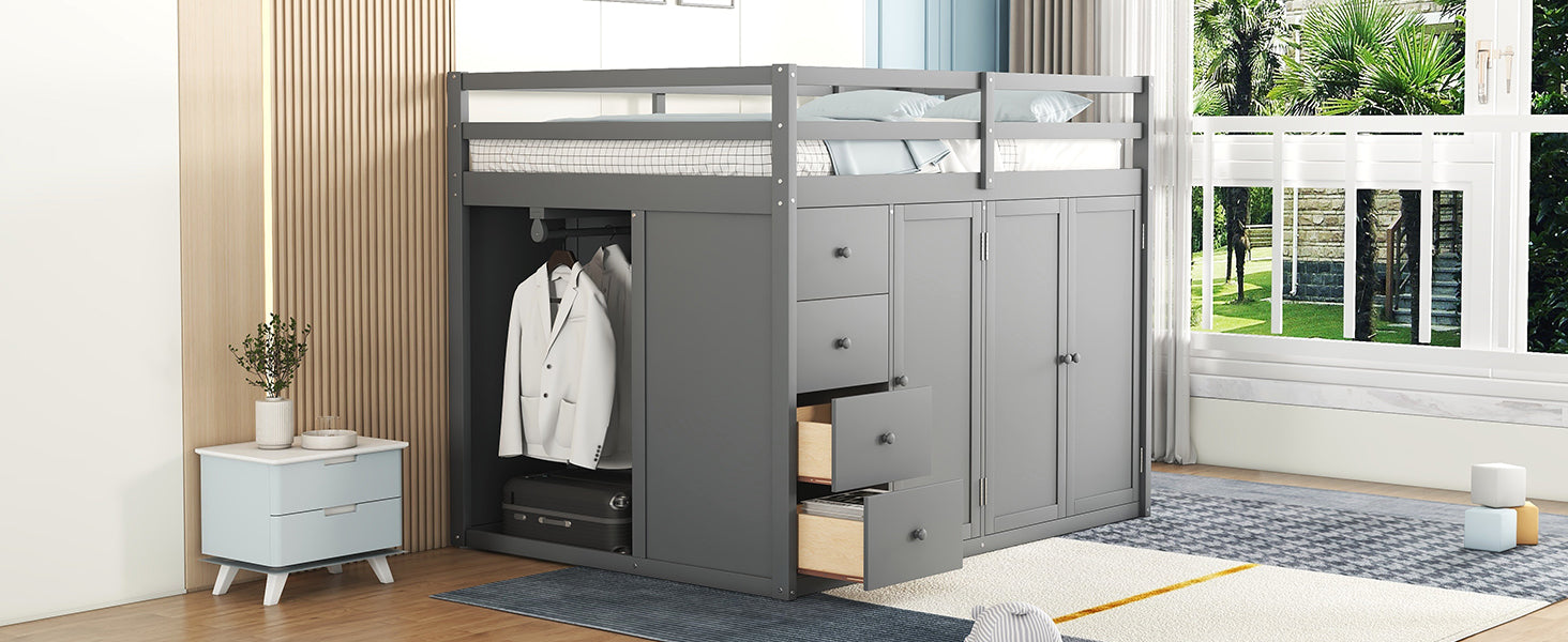 Full Size Wood Loft Bed With Built In Wardrobes, Cabinets And Drawers, Gray Gray Solid Wood Mdf