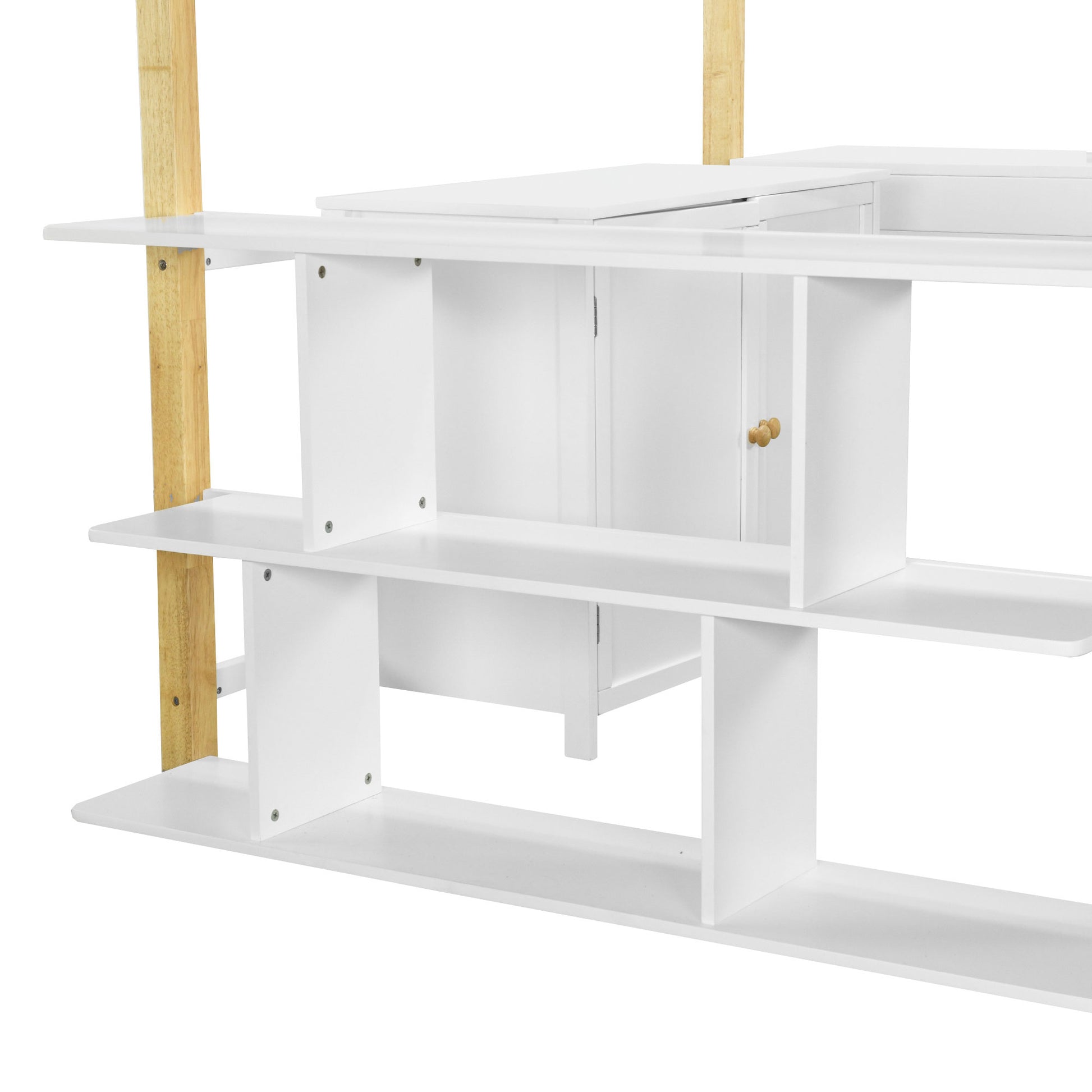 Full Size Wood Loft Bed With Built In Storage Cabinet And Cubes, Foldable Desk, White White Solid Wood Mdf