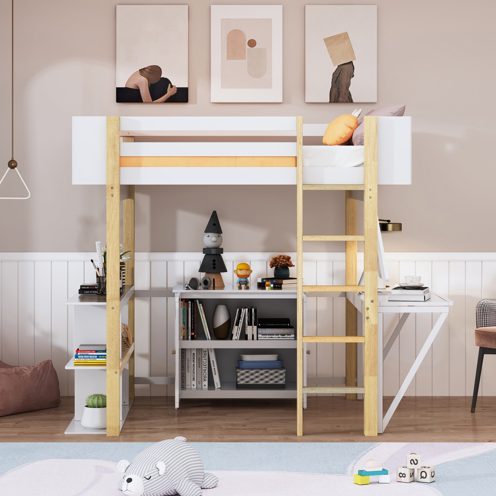 Full Size Wood Loft Bed With Built In Storage Cabinet And Cubes, Foldable Desk, White White Solid Wood Mdf