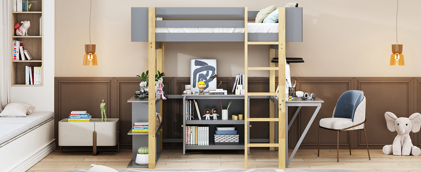 Full Size Wood Loft Bed With Built In Storage Cabinet And Cubes, Foldable Desk, Gray Gray Solid Wood Mdf