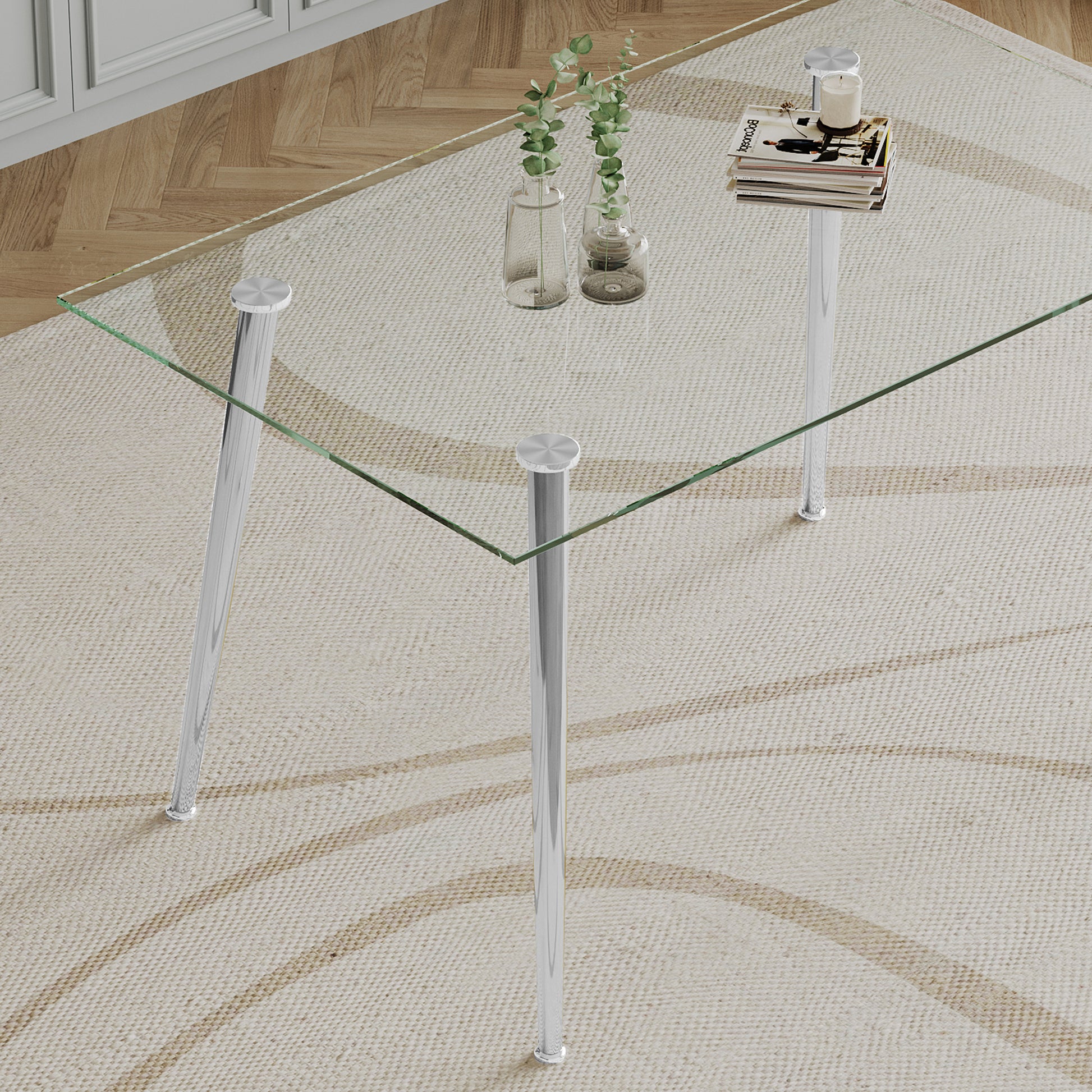 0.32" Thick Tempered Glass Top Dining Table With Silver Stainless Steel Legs Silver Tempered Glass