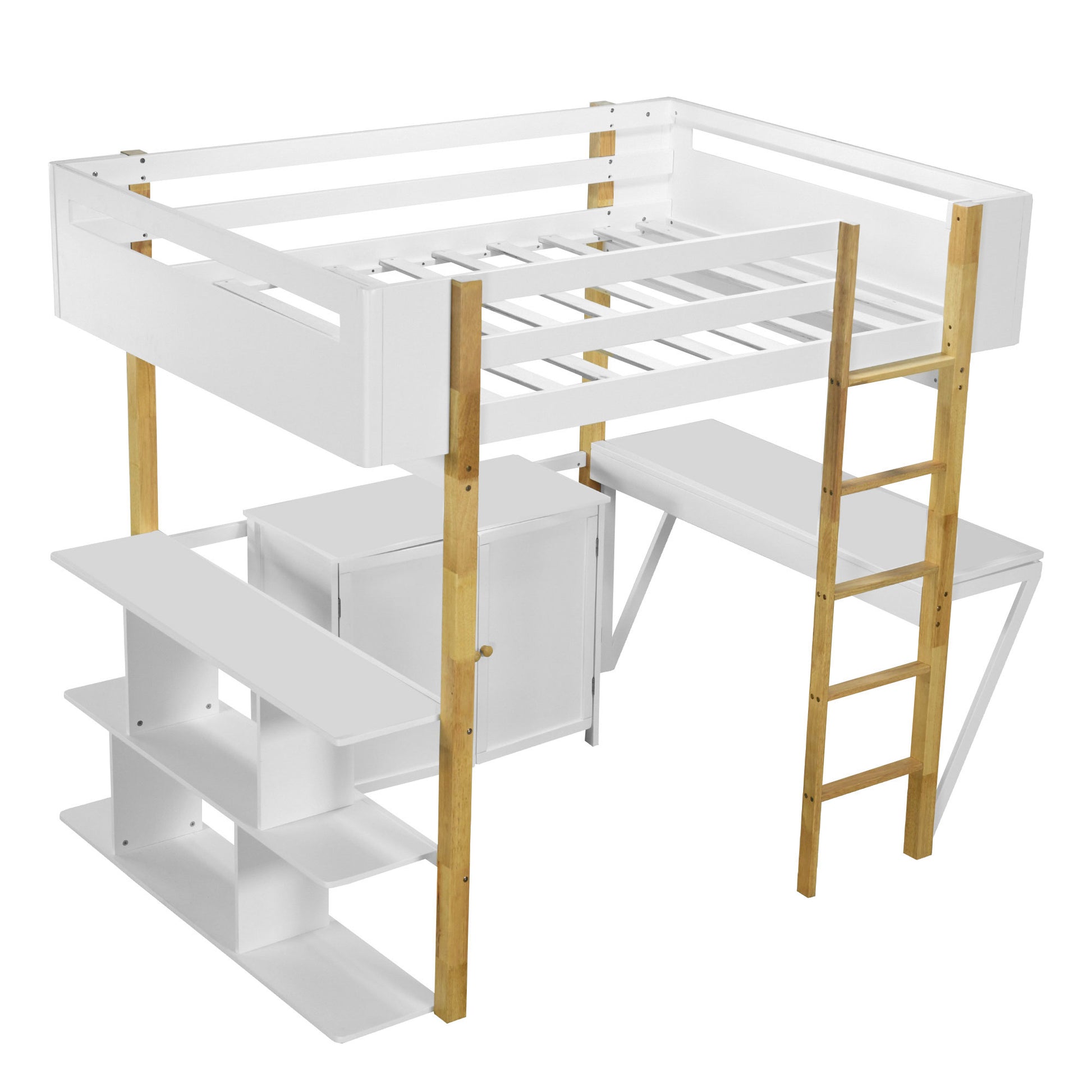 Full Size Wood Loft Bed With Built In Storage Cabinet And Cubes, Foldable Desk, White White Solid Wood Mdf