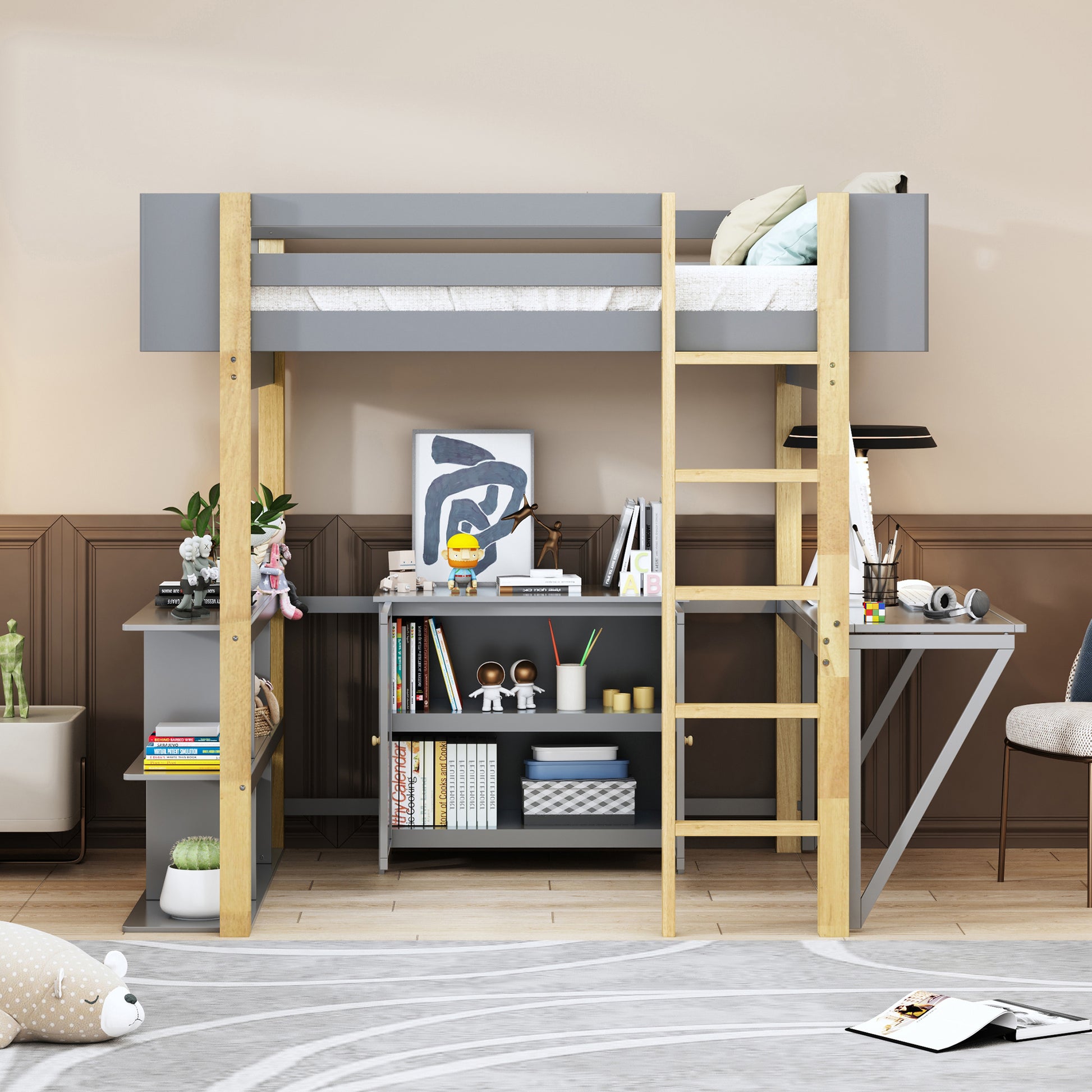 Full Size Wood Loft Bed With Built In Storage Cabinet And Cubes, Foldable Desk, Gray Gray Solid Wood Mdf