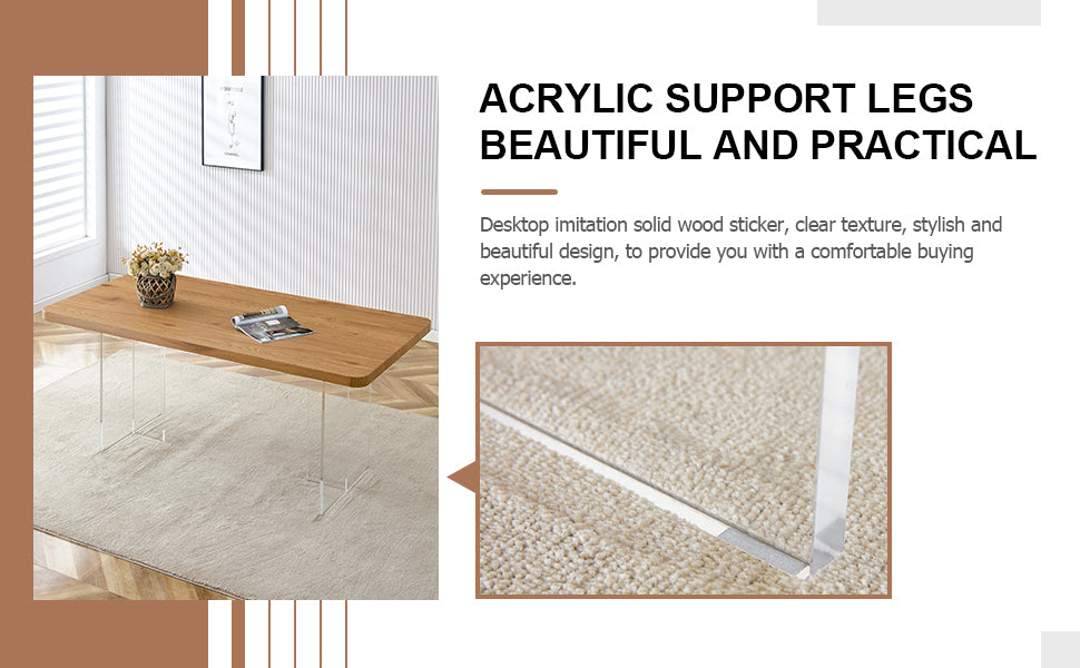 A Modern Minimalist Wooden Table With Acrylic Legs And Rectangular Tables. Computer Desk. Dining Table. Suitable For Restaurants, Living Rooms, And Kitchens. F 1298 Wood Mdf