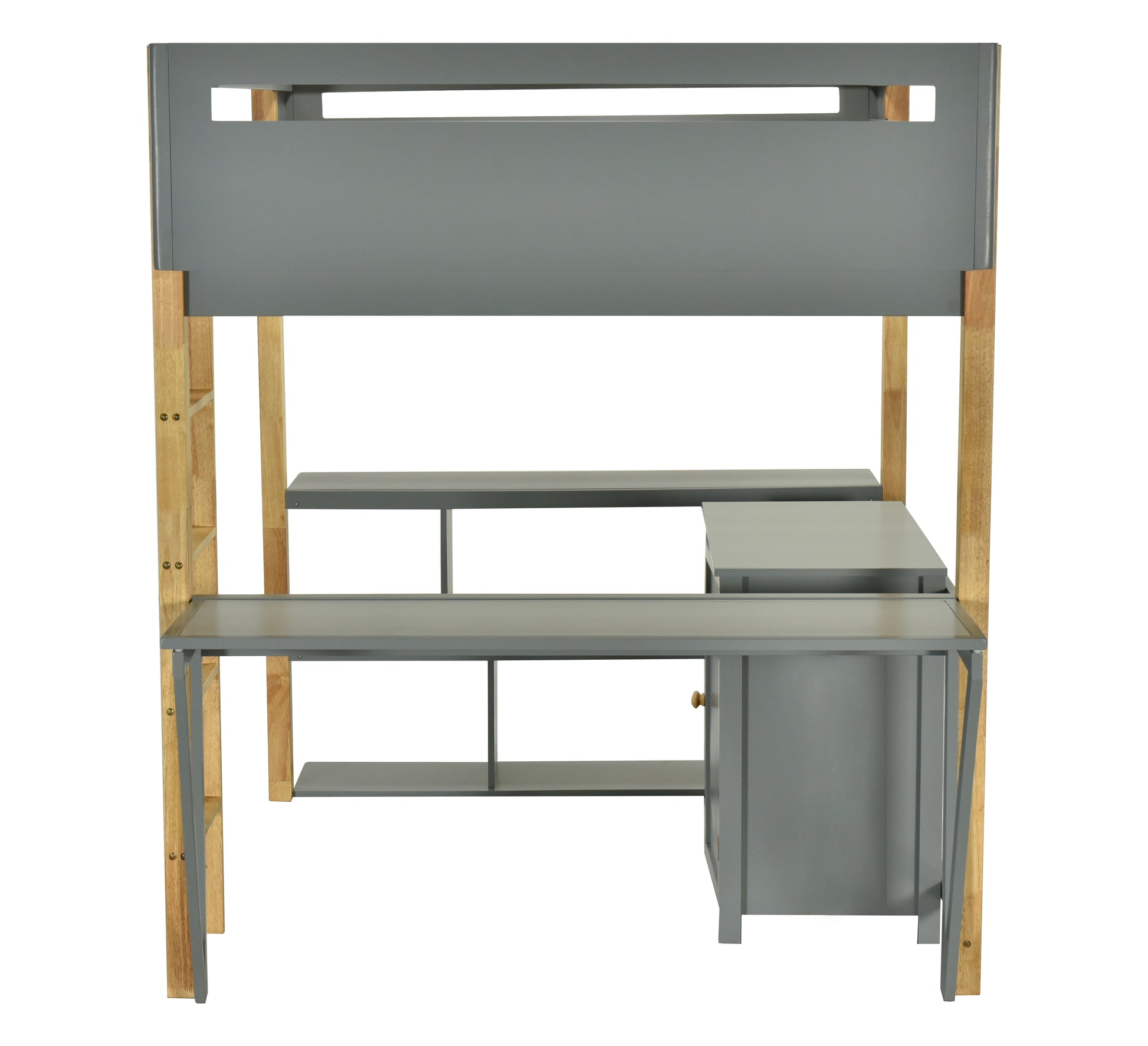 Full Size Wood Loft Bed With Built In Storage Cabinet And Cubes, Foldable Desk, Gray Gray Solid Wood Mdf