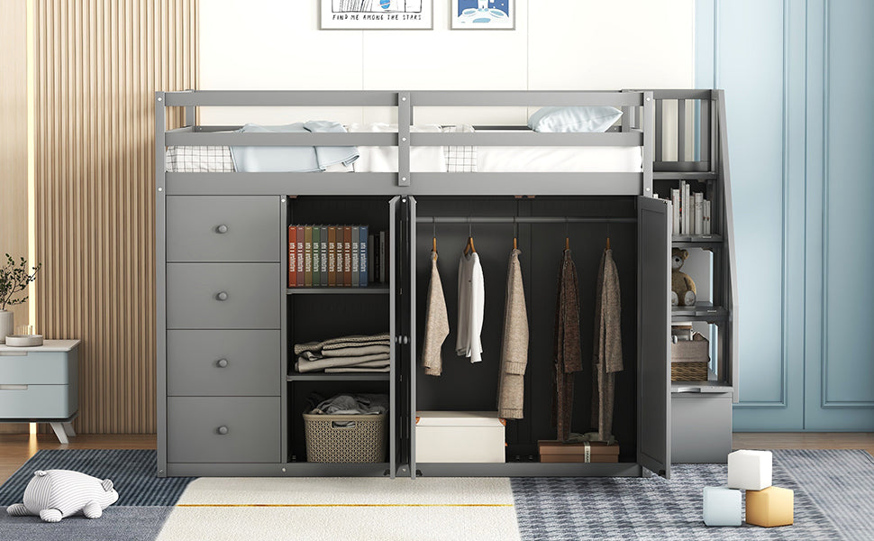 Full Size Wood Loft Bed With Built In Wardrobes, Cabinets And Drawers, Gray Gray Solid Wood Mdf