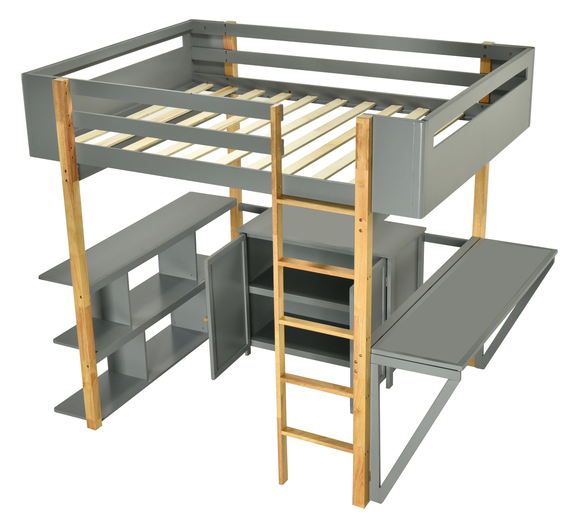 Full Size Wood Loft Bed With Built In Storage Cabinet And Cubes, Foldable Desk, Gray Gray Solid Wood Mdf