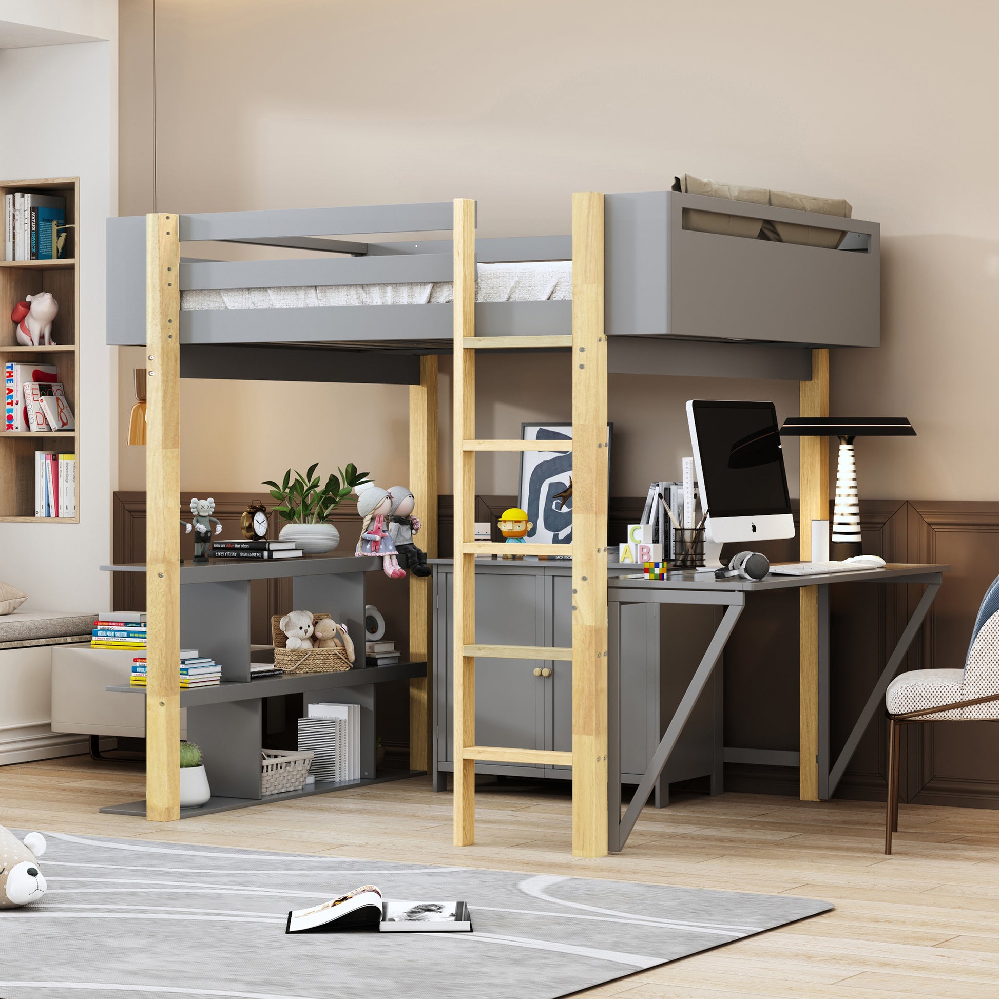 Full Size Wood Loft Bed With Built In Storage Cabinet And Cubes, Foldable Desk, Gray Gray Solid Wood Mdf