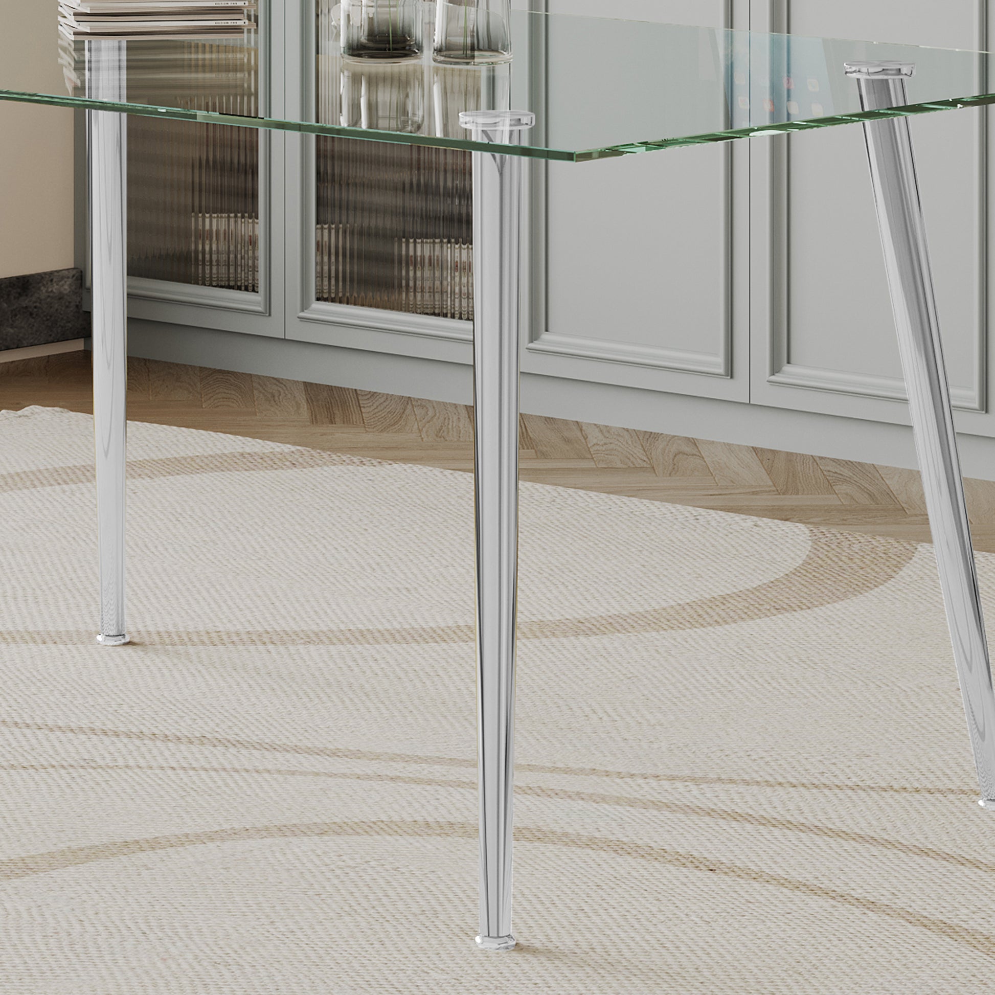0.32" Thick Tempered Glass Top Dining Table With Silver Stainless Steel Legs Silver Tempered Glass