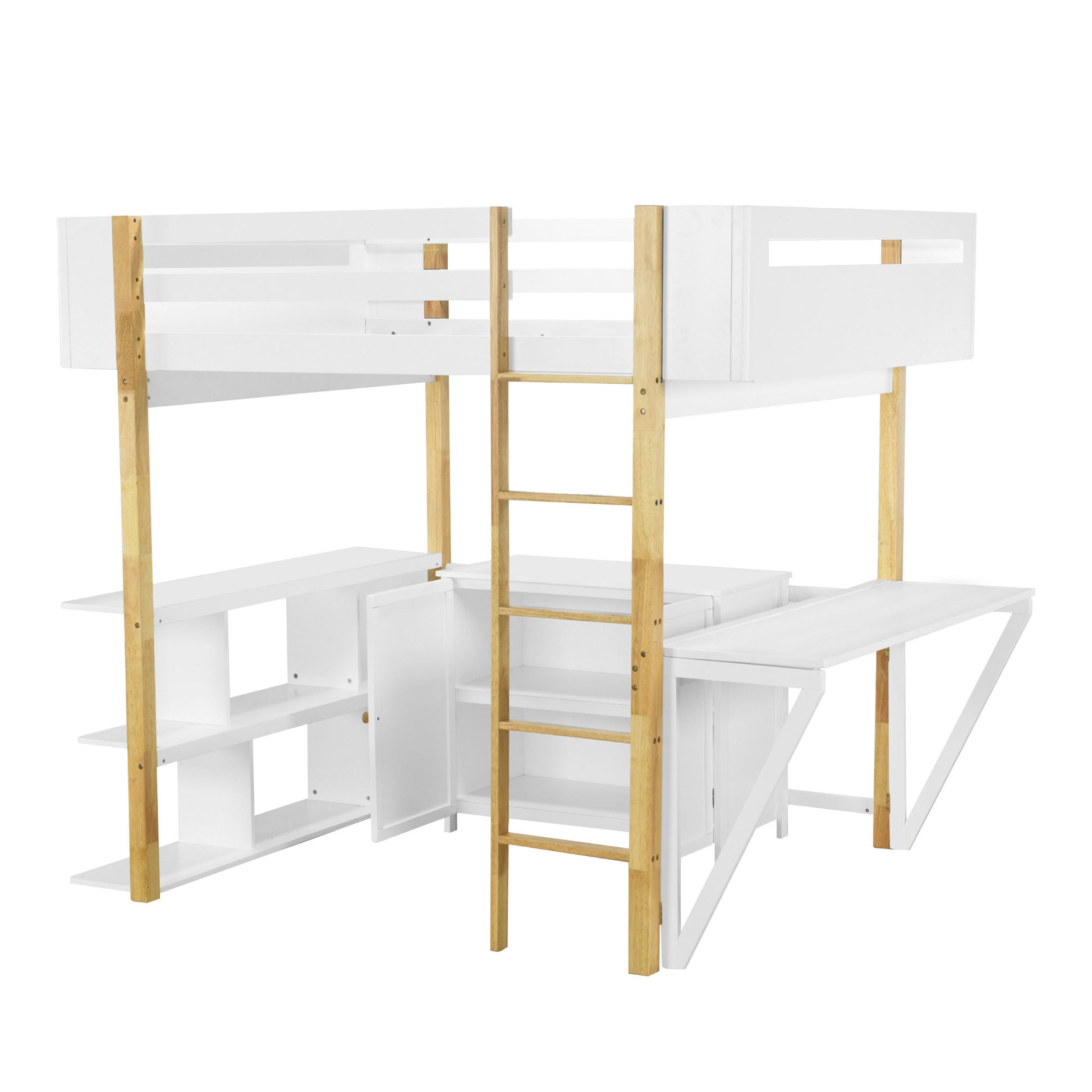 Full Size Wood Loft Bed With Built In Storage Cabinet And Cubes, Foldable Desk, White White Solid Wood Mdf