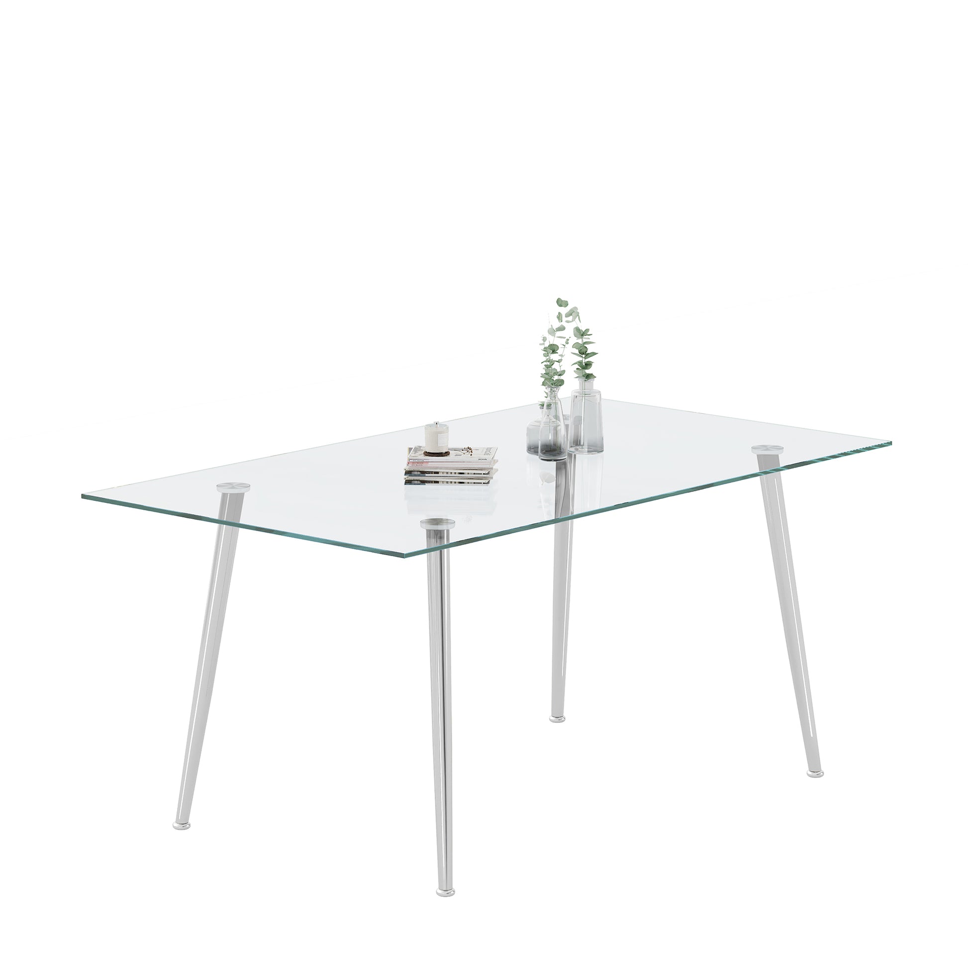 0.32" Thick Tempered Glass Top Dining Table With Silver Stainless Steel Legs Silver Tempered Glass
