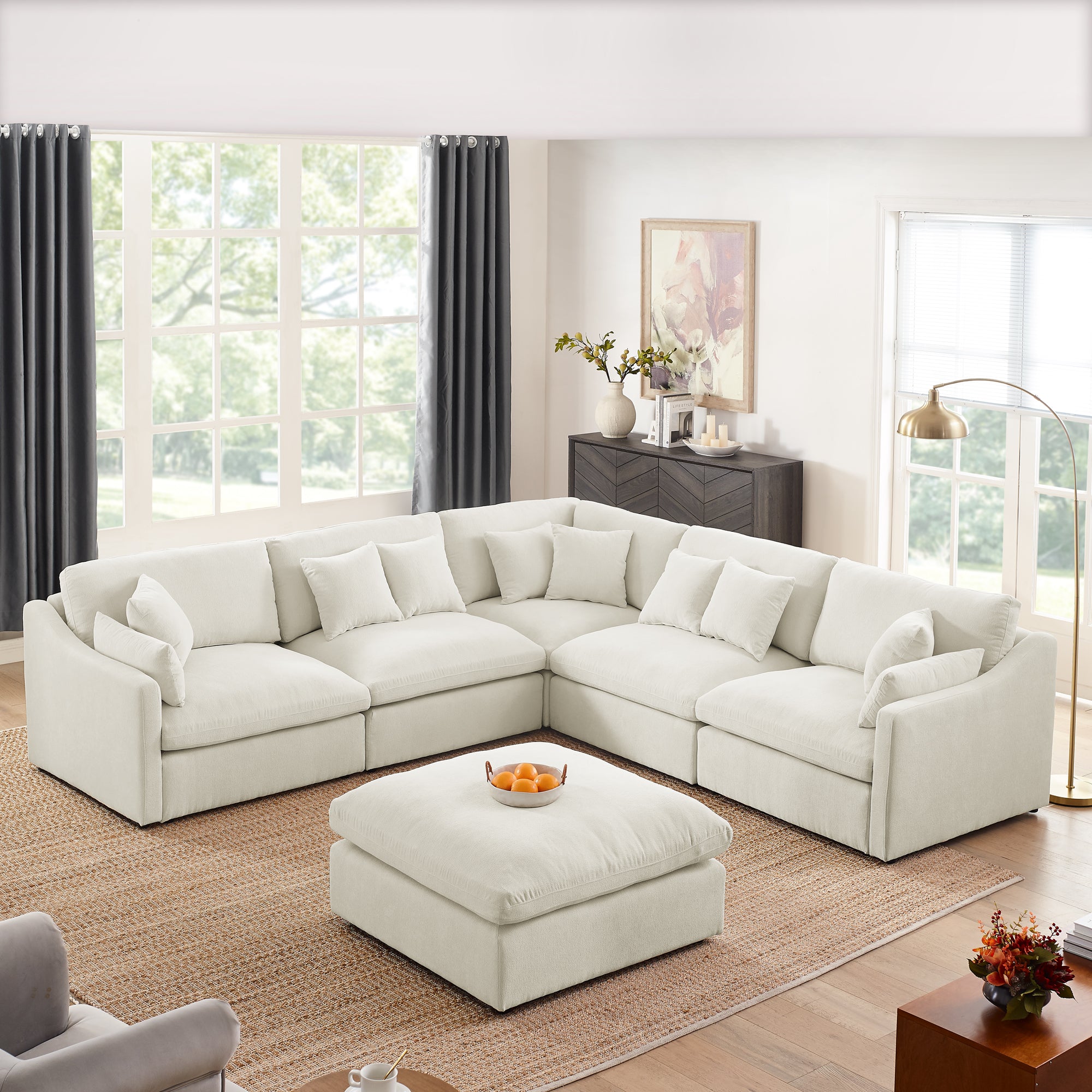 6 Seats Modular L Shaped Sectional Sofa With Ottoman,10 Pillows, Oversized Upholstered Couch W Removabled Down Filled Seat Cushion For Living Room, Chenille Beige Beige Chenille Wood Primary Living Space Soft Pillow Back Eucalyptus Square Arms Foam