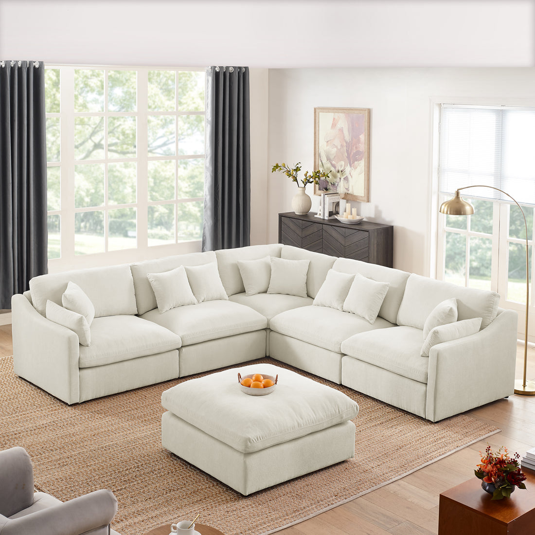 6 Seats Modular L Shaped Sectional Sofa With Ottoman,10 Pillows, Oversized Upholstered Couch W Removabled Down Filled Seat Cushion For Living Room, Chenille Beige Beige Chenille Wood Primary Living Space Soft Pillow Back Eucalyptus Square Arms Foam