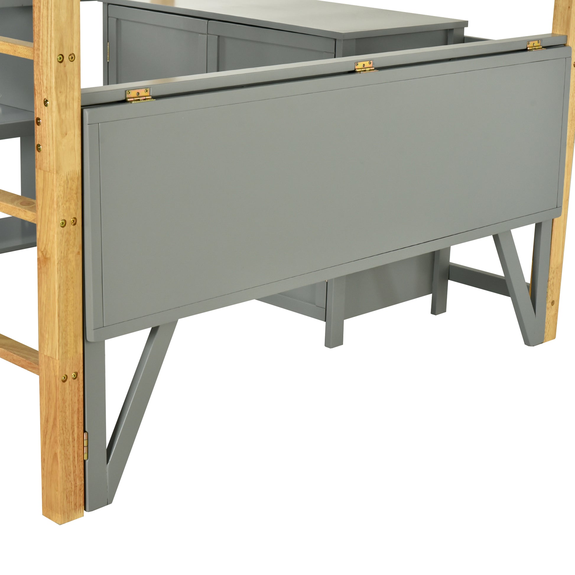 Full Size Wood Loft Bed With Built In Storage Cabinet And Cubes, Foldable Desk, Gray Gray Solid Wood Mdf
