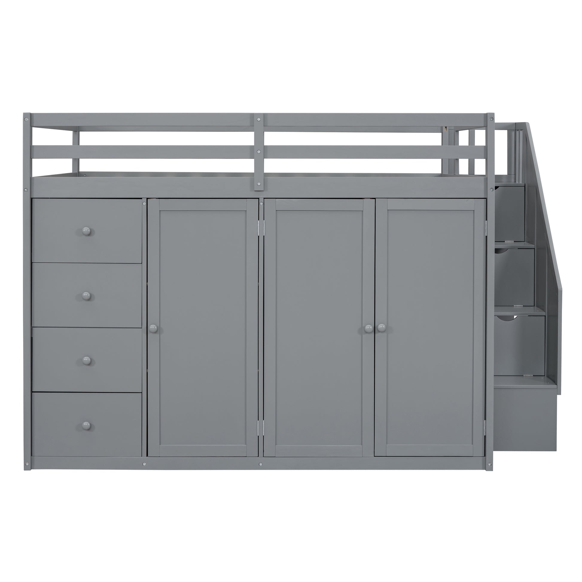 Full Size Wood Loft Bed With Built In Wardrobes, Cabinets And Drawers, Gray Gray Solid Wood Mdf