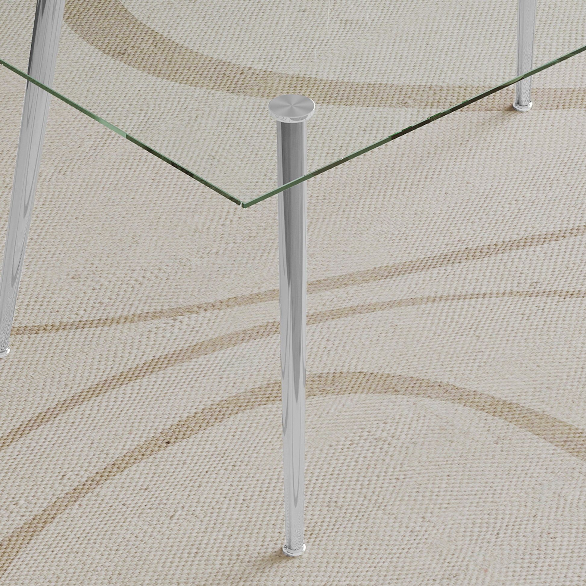 Dining Table Set Of 5, 0.32" Thick Tempered Glass Top Dining Table With Metal Legs And Four Fabric Dining Chairs, Table Size: 62.99" L X 35.43" W X 29.92" H Silver Tempered Glass