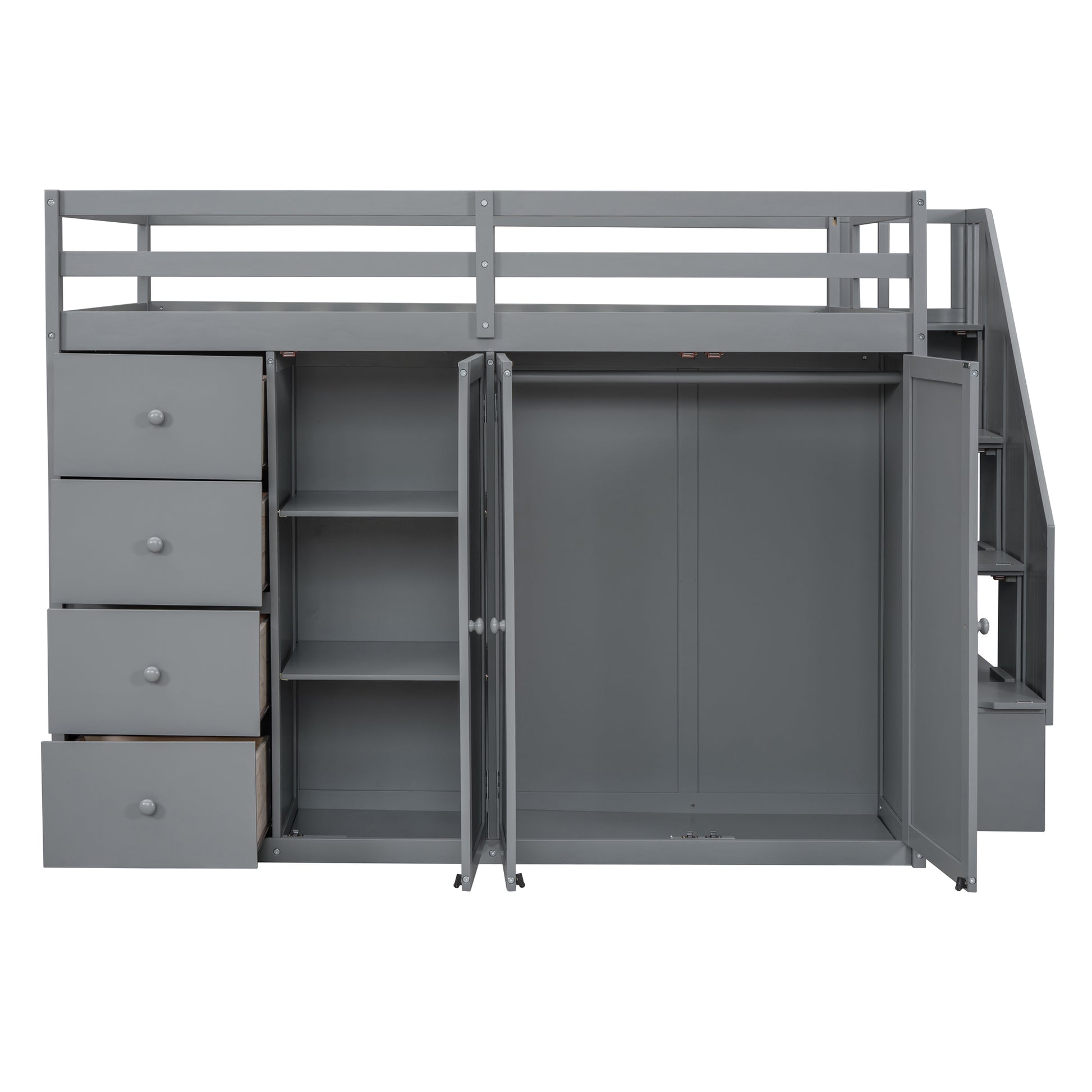 Full Size Wood Loft Bed With Built In Wardrobes, Cabinets And Drawers, Gray Gray Solid Wood Mdf