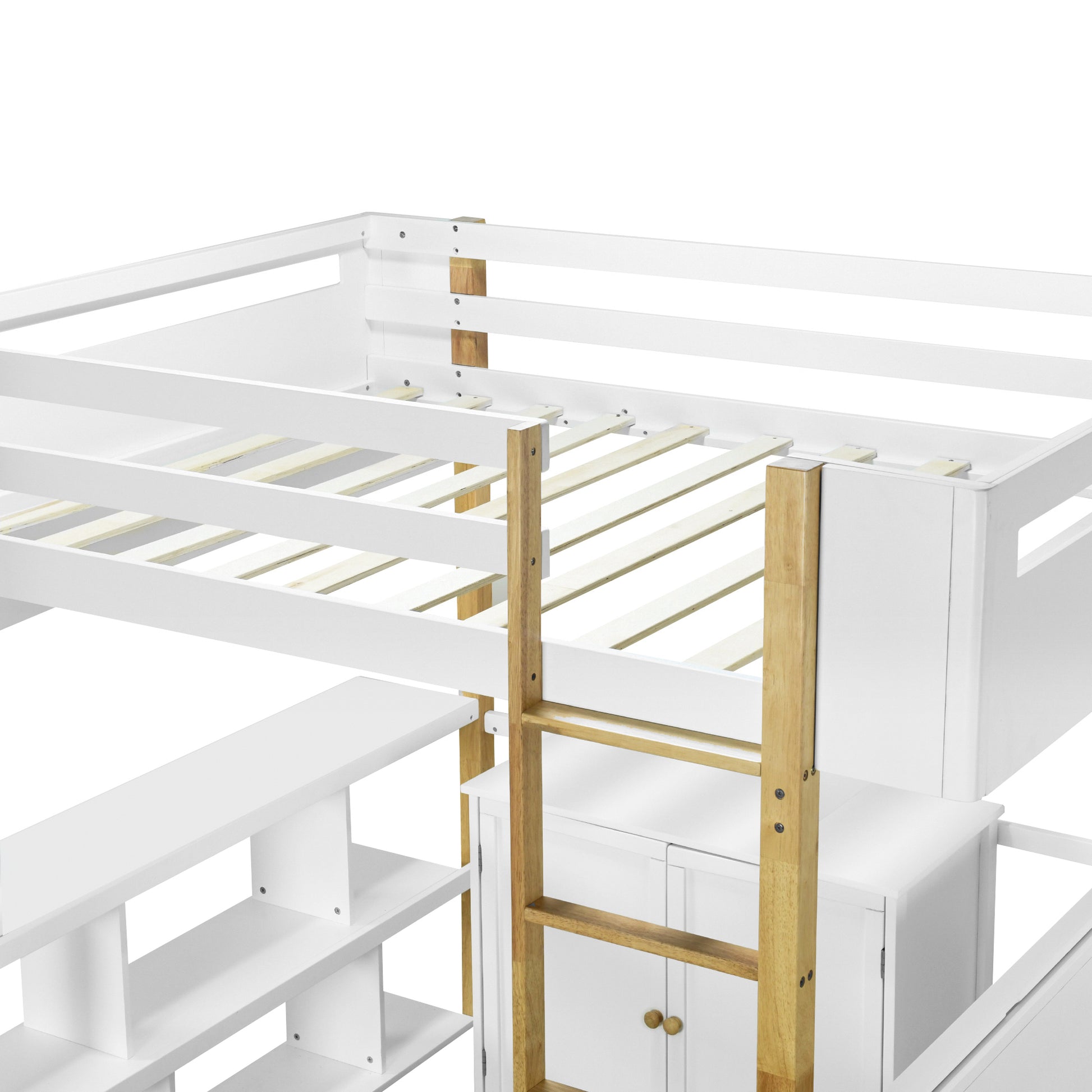 Full Size Wood Loft Bed With Built In Storage Cabinet And Cubes, Foldable Desk, White White Solid Wood Mdf