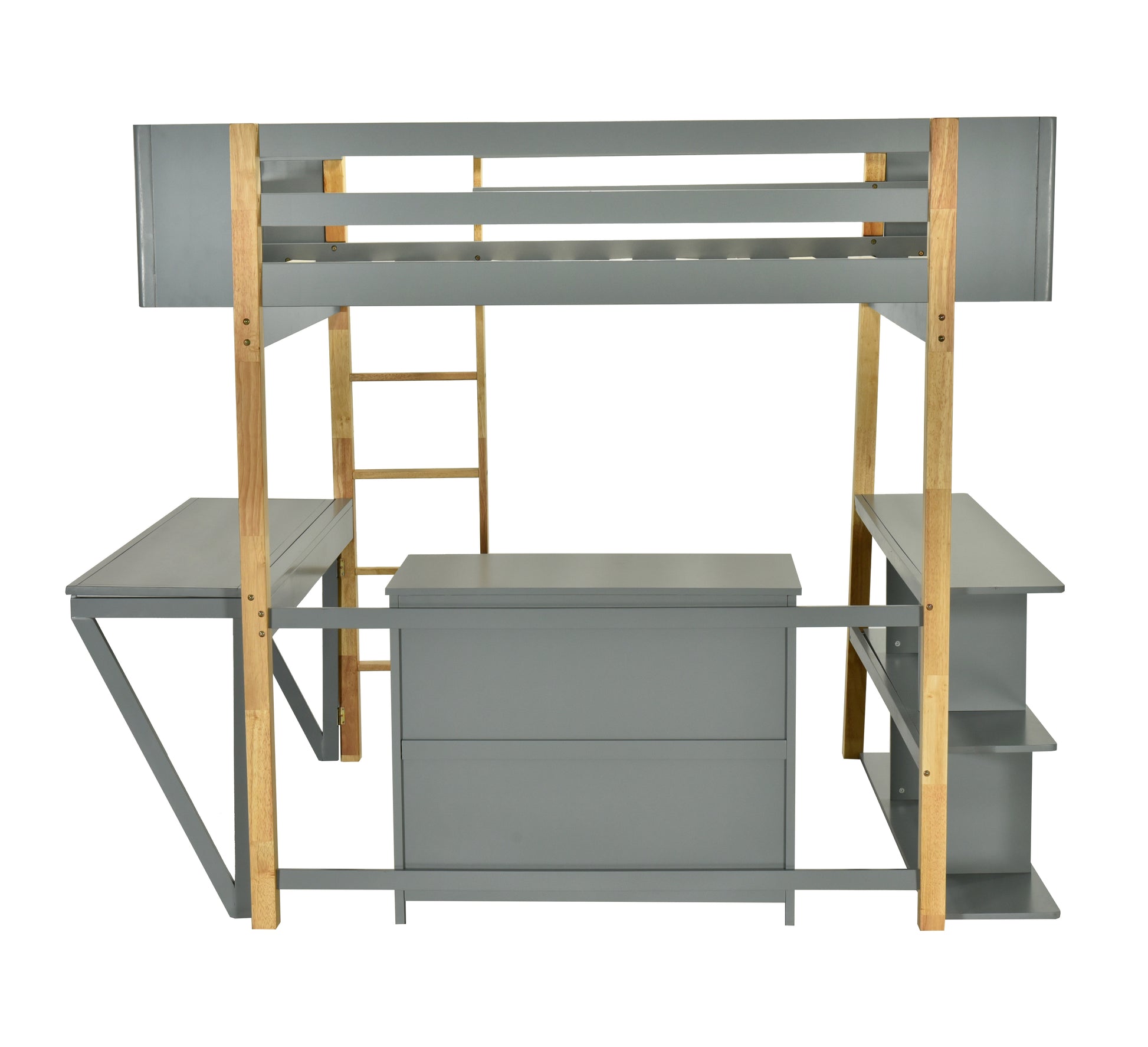 Full Size Wood Loft Bed With Built In Storage Cabinet And Cubes, Foldable Desk, Gray Gray Solid Wood Mdf