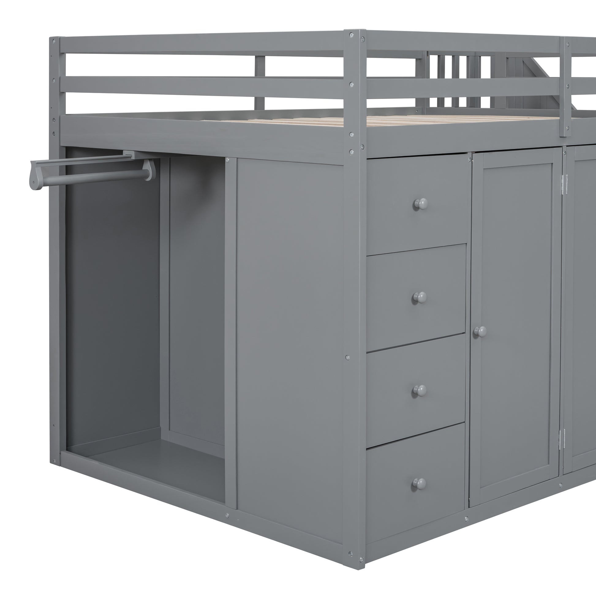 Full Size Wood Loft Bed With Built In Wardrobes, Cabinets And Drawers, Gray Gray Solid Wood Mdf