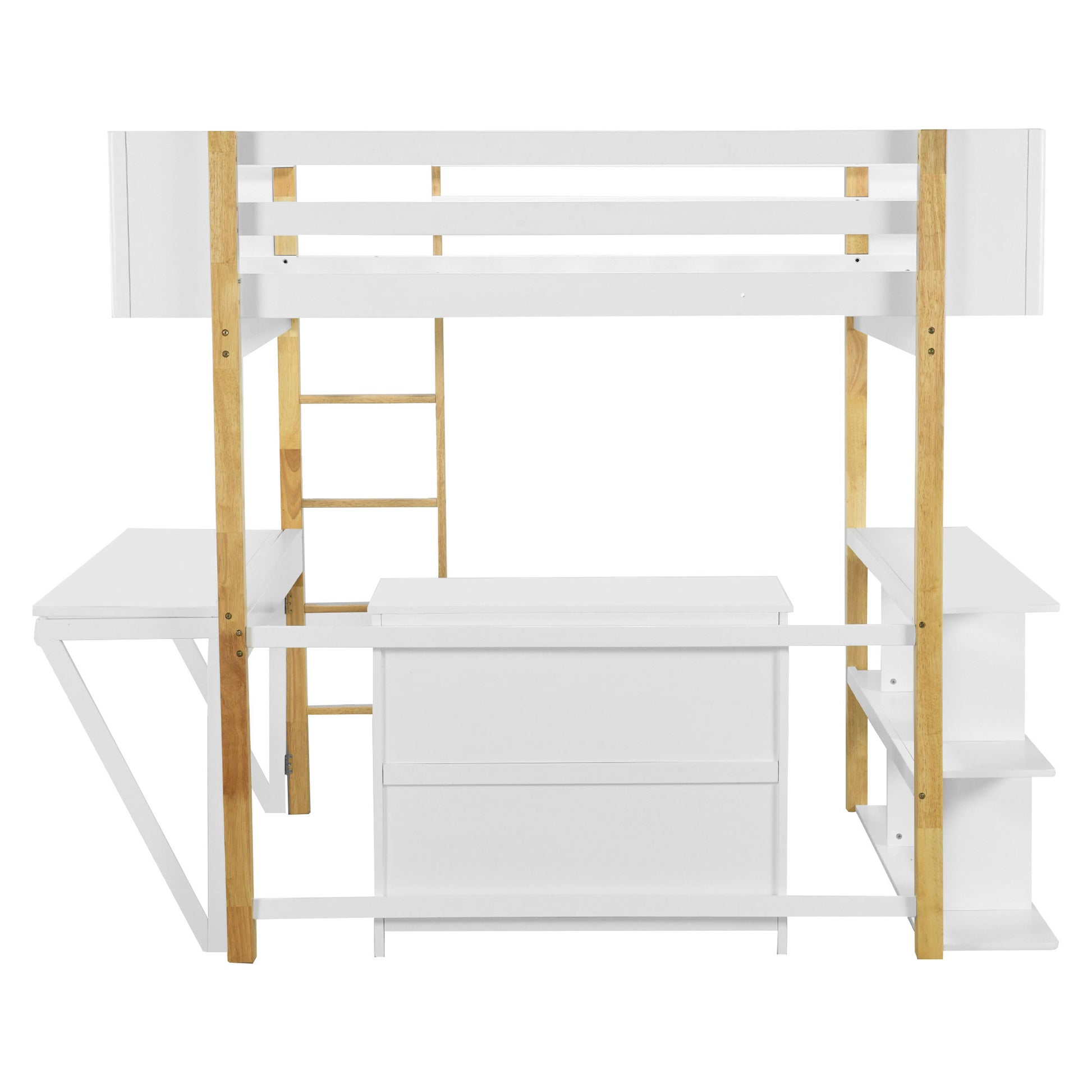 Full Size Wood Loft Bed With Built In Storage Cabinet And Cubes, Foldable Desk, White White Solid Wood Mdf