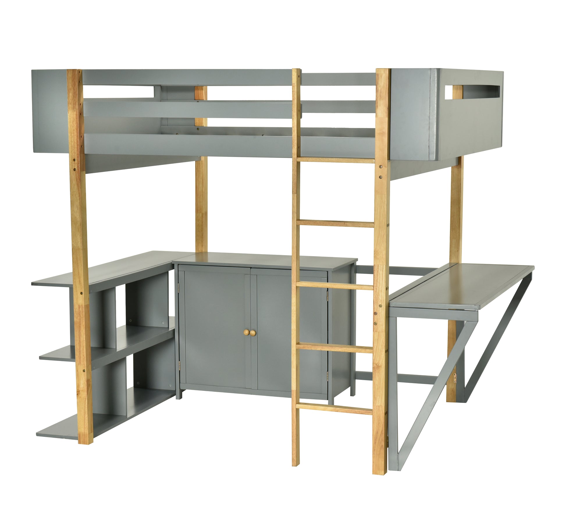 Full Size Wood Loft Bed With Built In Storage Cabinet And Cubes, Foldable Desk, Gray Gray Solid Wood Mdf