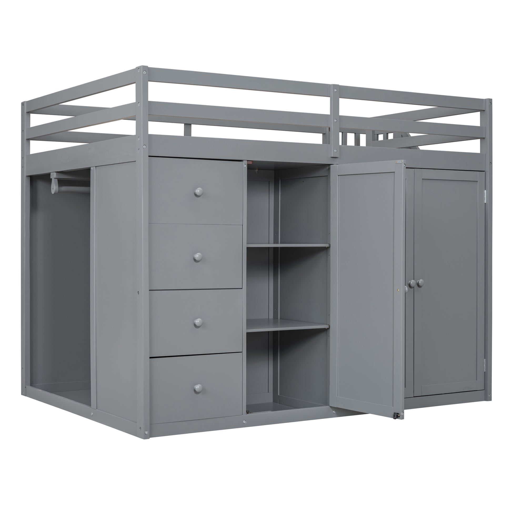 Full Size Wood Loft Bed With Built In Wardrobes, Cabinets And Drawers, Gray Gray Solid Wood Mdf