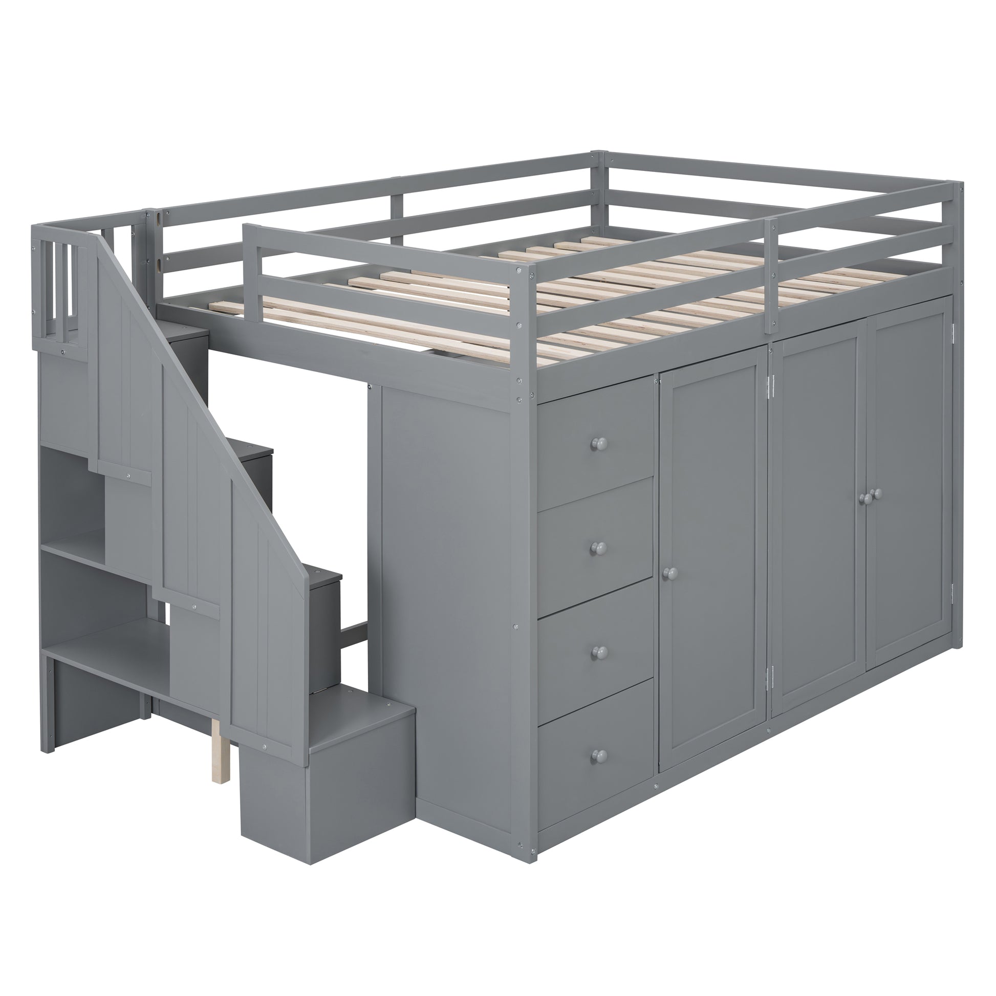 Full Size Wood Loft Bed With Built In Wardrobes, Cabinets And Drawers, Gray Gray Solid Wood Mdf