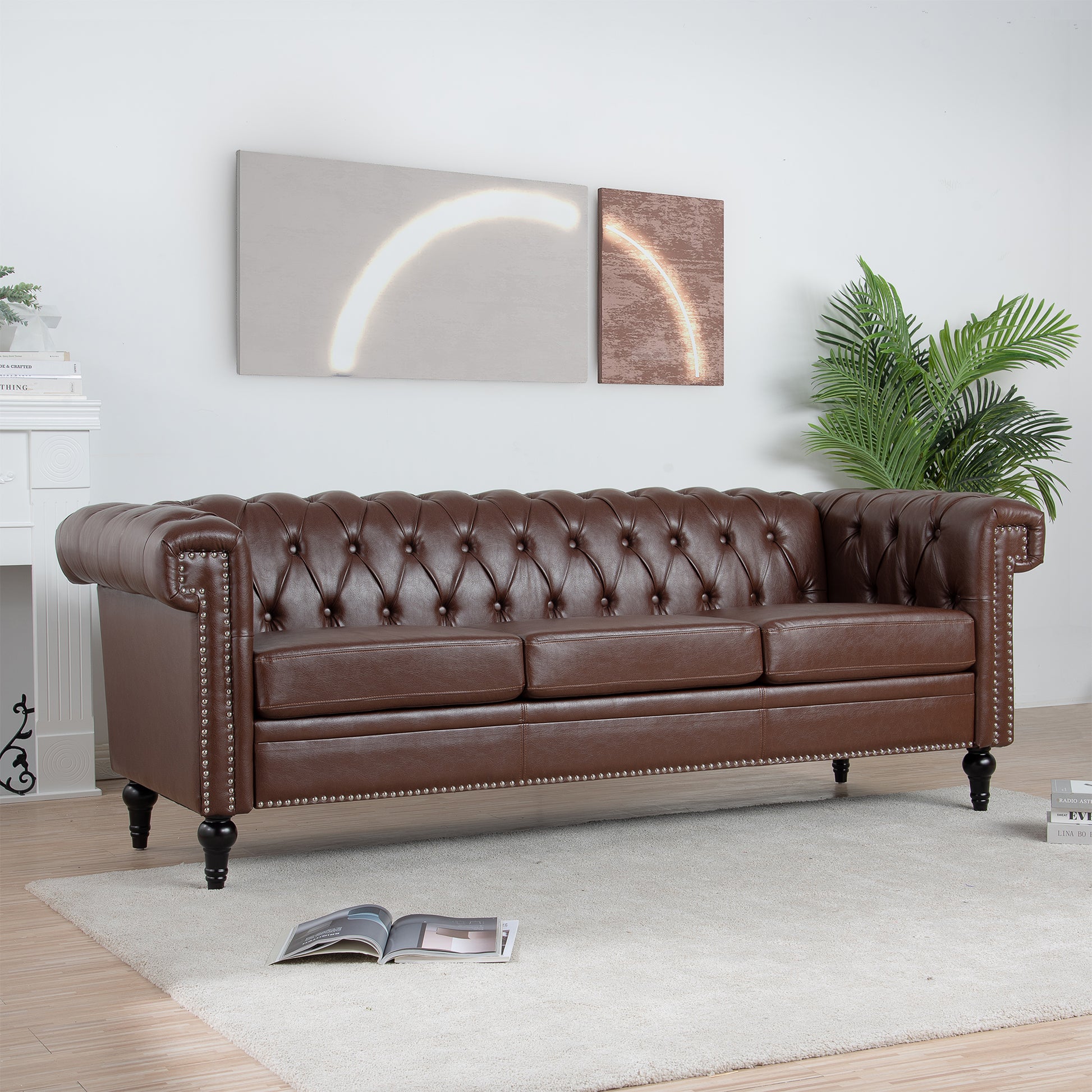 83.66 Inch Width Traditional Square Arm Removable Cushion 3 Seater Sofa Dark Brown Pu Pu