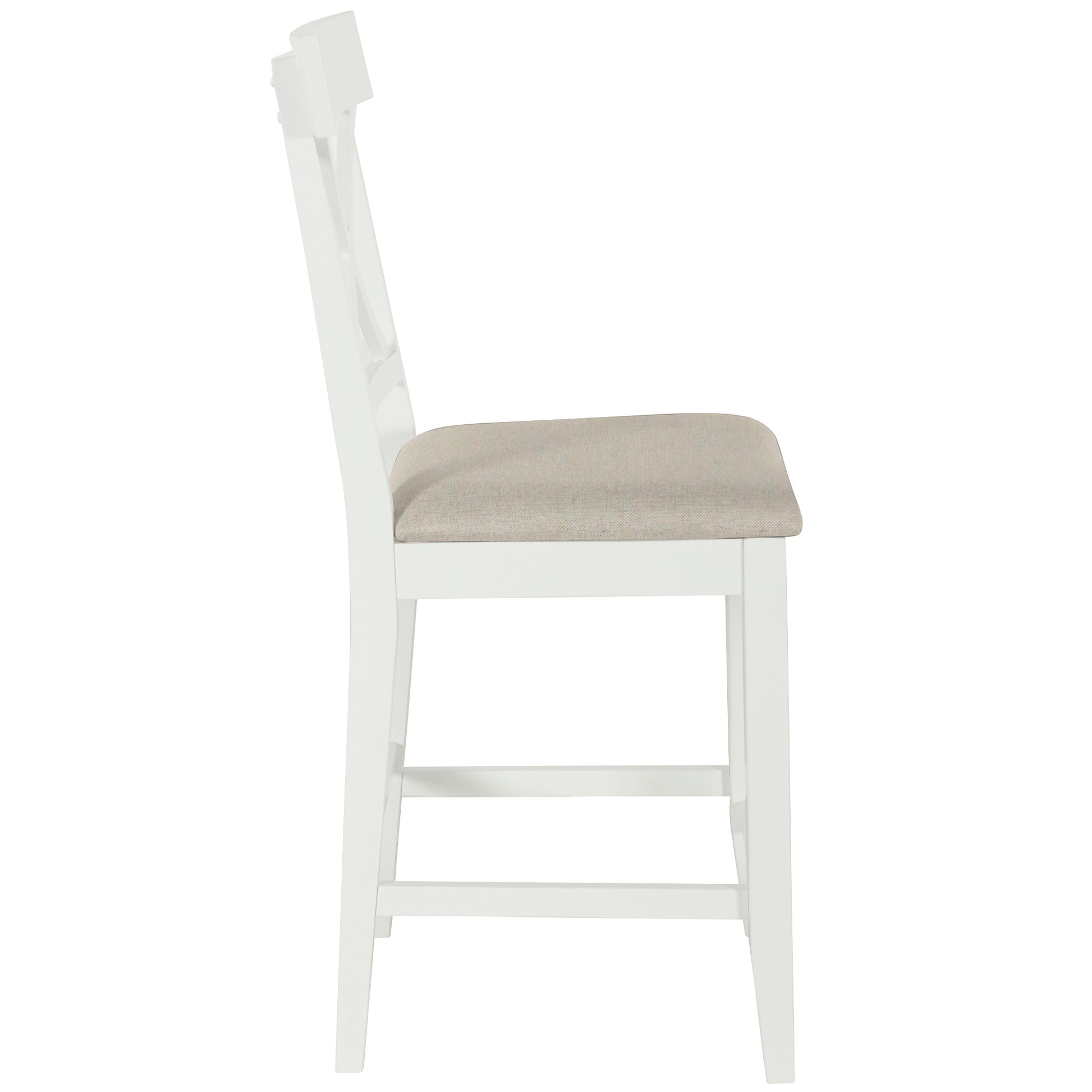 60"Lx30"W Solid Wood Farmhouse Counter Height Dining Table Set With 3 Tier Storage Shelves, Upholstered Dining Chairs For 4, 5 Piece, White Wood Dining Room Solid Wood Rubberwood Rectangular Dining Table With Chair Wood Wood Natural White Seats 4