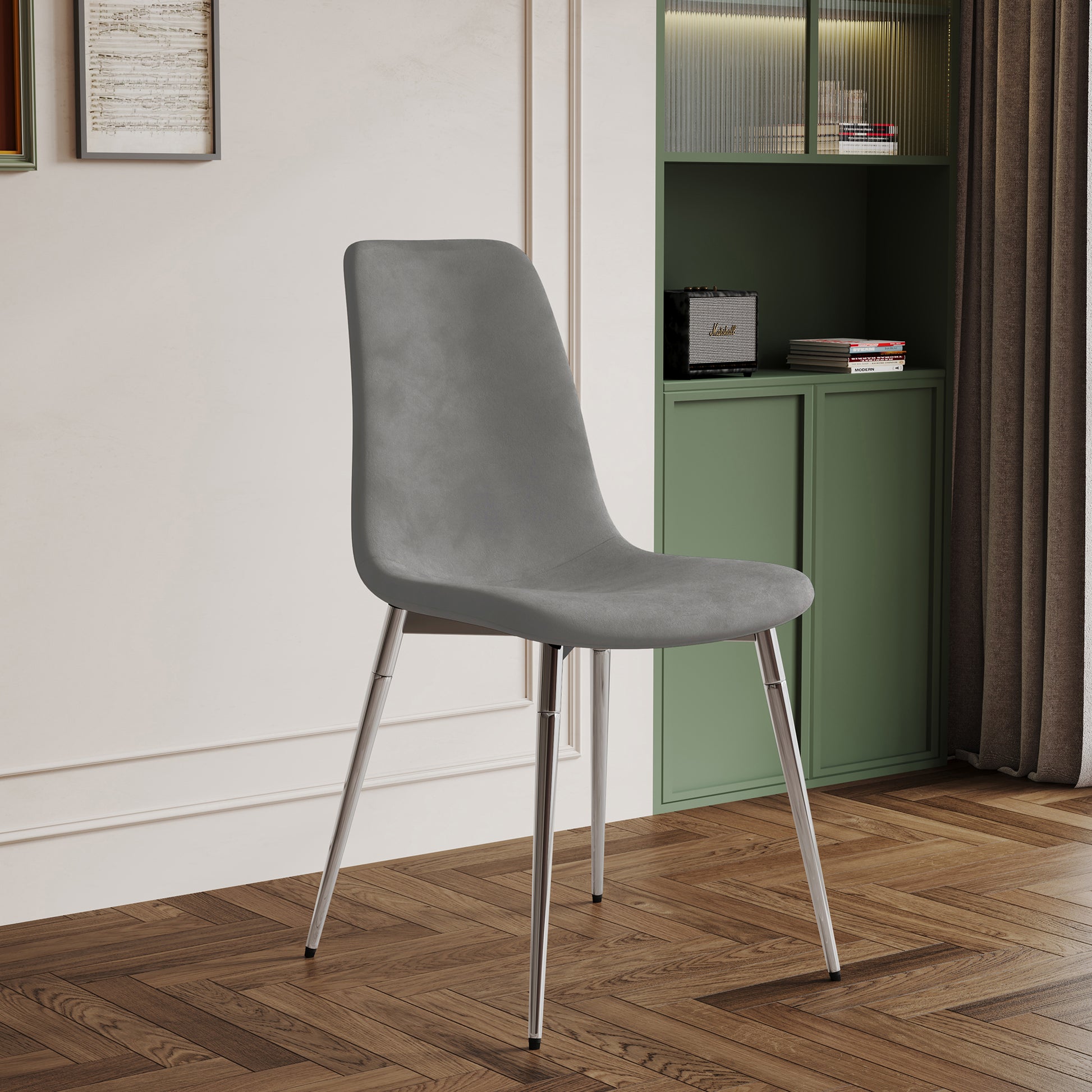 Dining Table Set Of 5, 0.32" Thick Tempered Glass Top Dining Table With Metal Legs And Four Fabric Dining Chairs, Table Size: 62.99" L X 35.43" W X 29.92" H Silver Tempered Glass