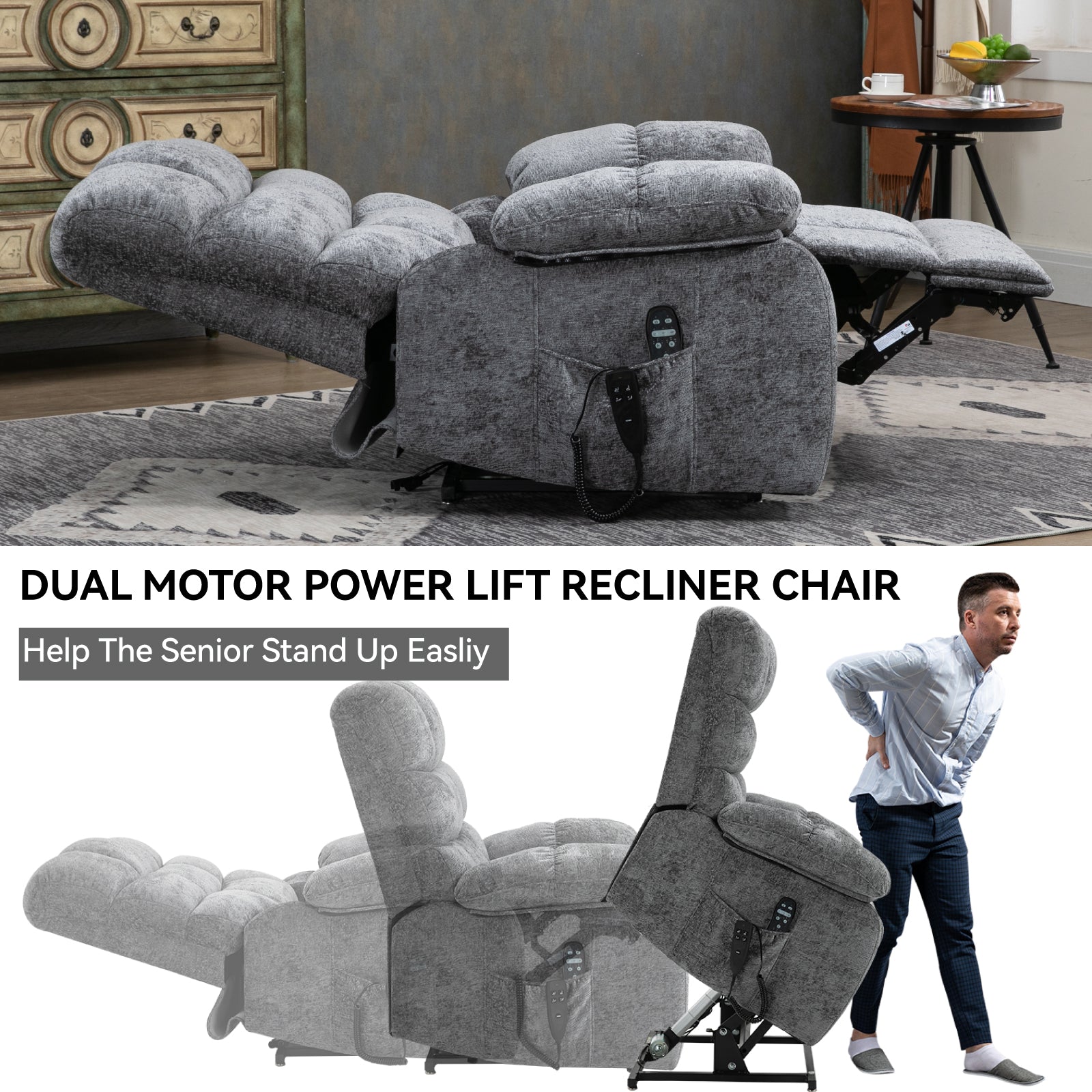 Lift Recliner Chair Heat Massage Dual Motor Infinite Position Up To 350 Lbs Large Electric Power Lift Recliners With Power Remote, Medium Firm And Heavy Duty, Grey White Metal Primary Living Space