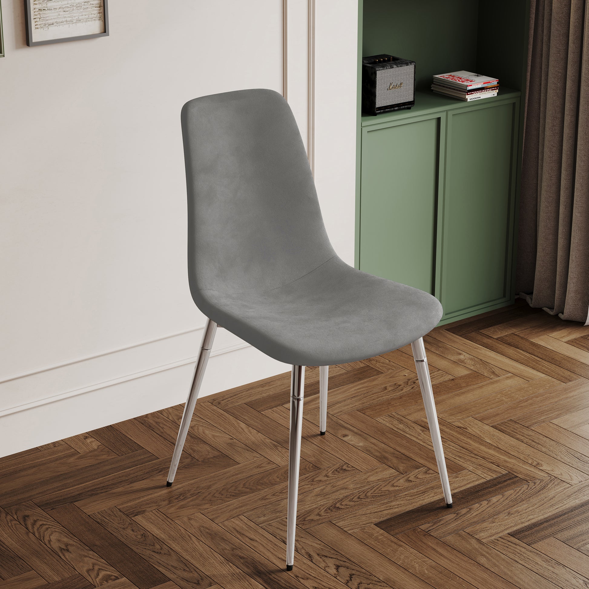 Dining Table Set Of 5, 0.32" Thick Tempered Glass Top Dining Table With Metal Legs And Four Fabric Dining Chairs, Table Size: 62.99" L X 35.43" W X 29.92" H Silver Tempered Glass