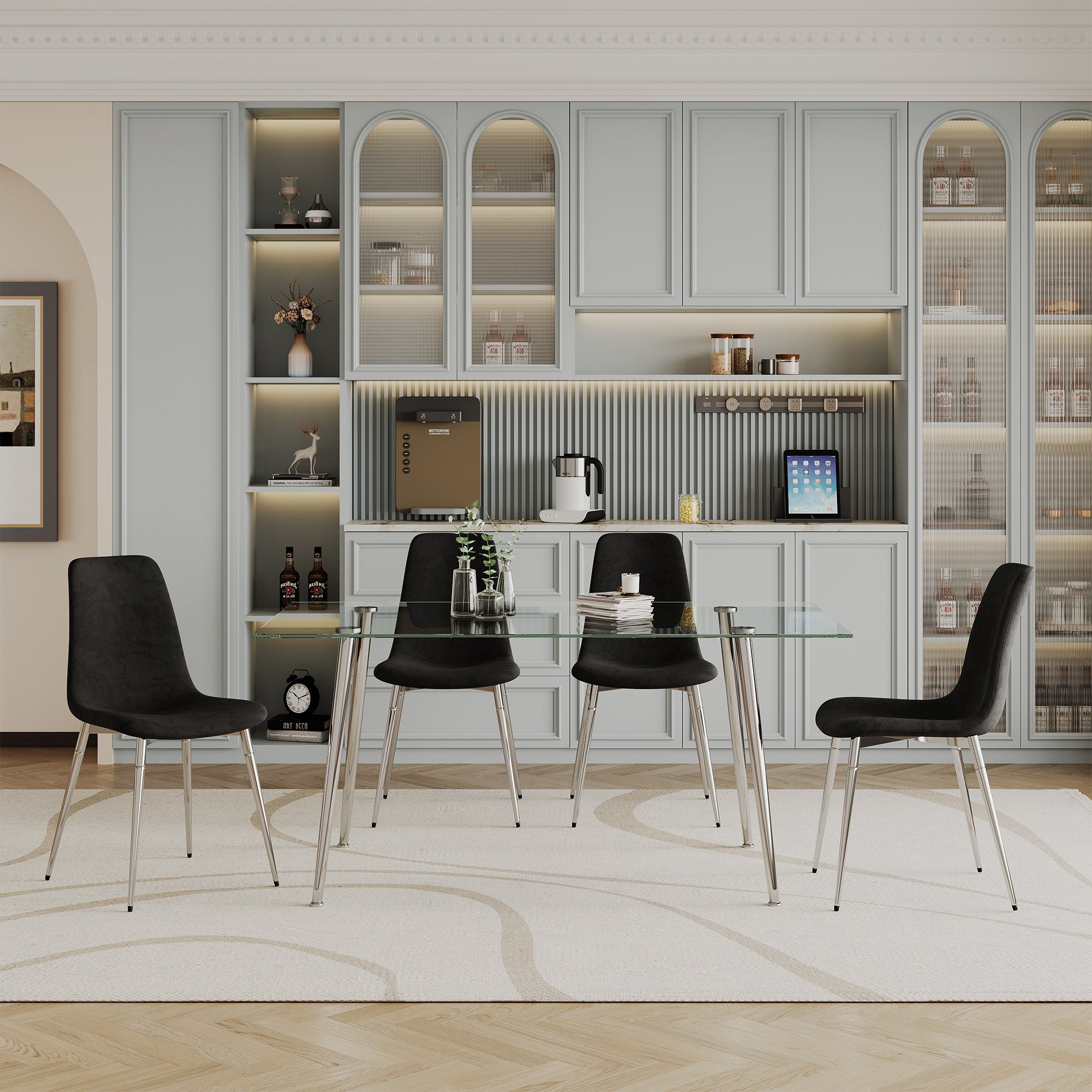 Dining Table Set Of 5, 0.32" Thick Tempered Glass Top Dining Table With Metal Legs And Four Fabric Dining Chairs, Table Size: 62.99" L X 35.43" W X 29.92" H Silver Tempered Glass