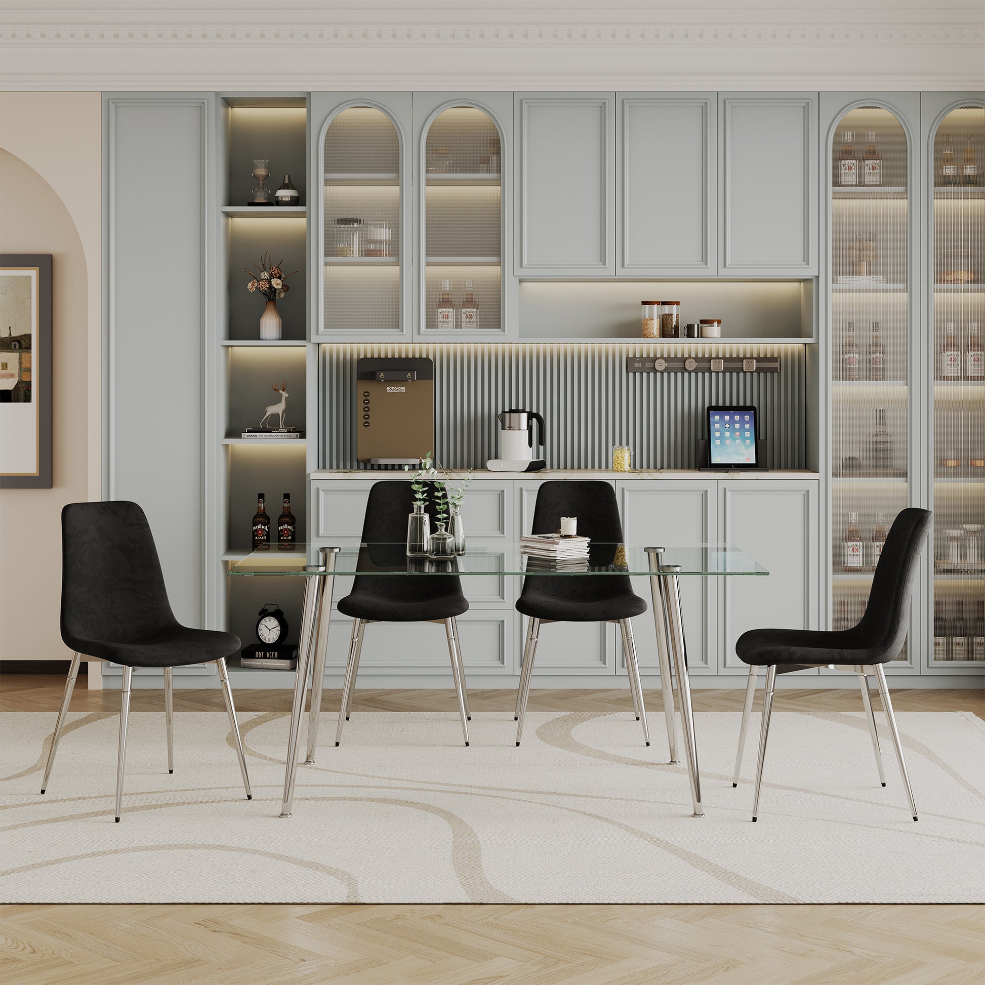 Dining Table Set Of 5, 0.32" Thick Tempered Glass Top Dining Table With Metal Legs And Four Fabric Dining Chairs, Table Size: 62.99" L X 35.43" W X 29.92" H Silver Tempered Glass