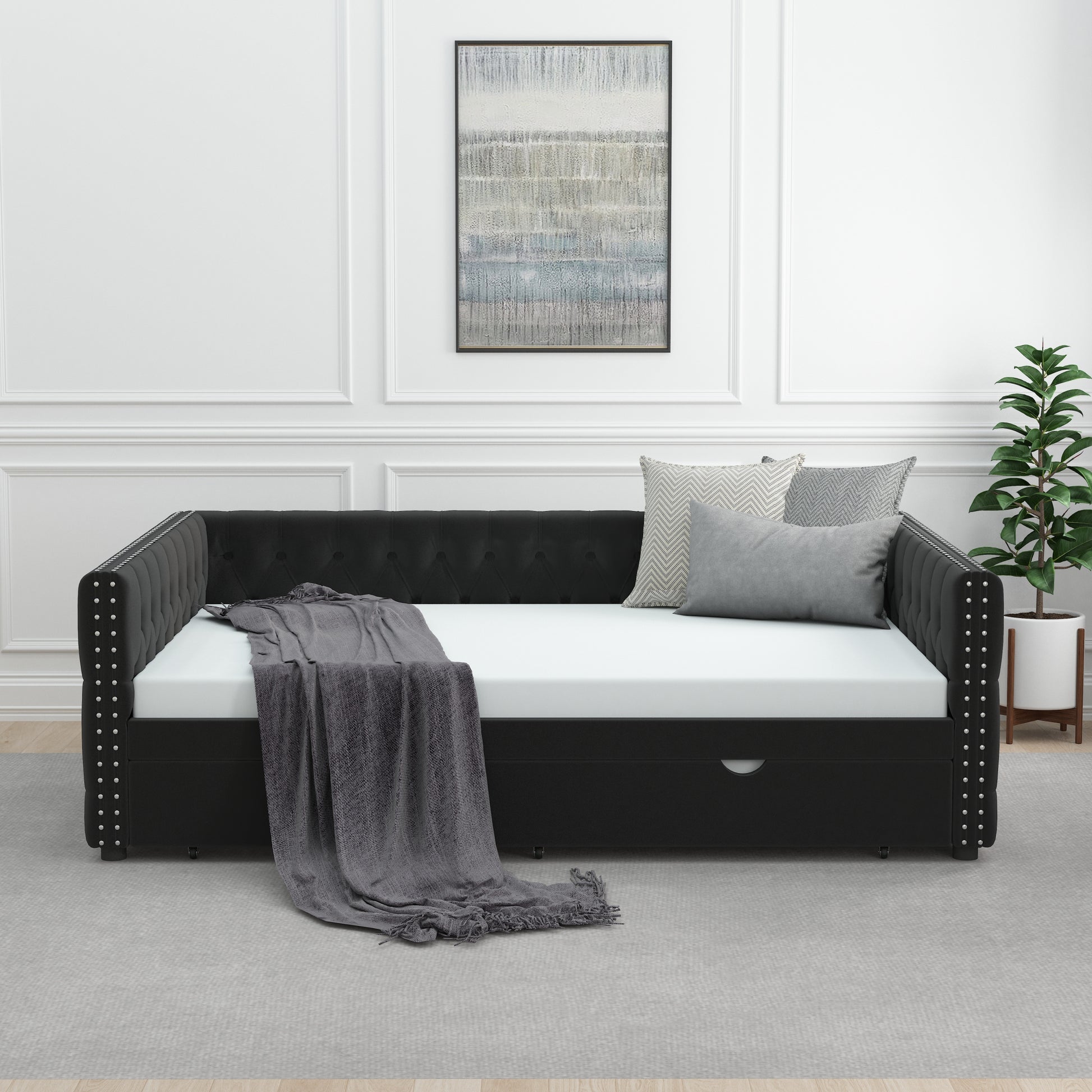 Daybed With Trundle Velvet Upholstered Tufted Sofa Bed, With Button And Copper Nail Onsquare Arms,Full Daybed & Twin Trundle For Bedroom, Living Room, Guest Room, 83"X57"X26" Full Black Velvet